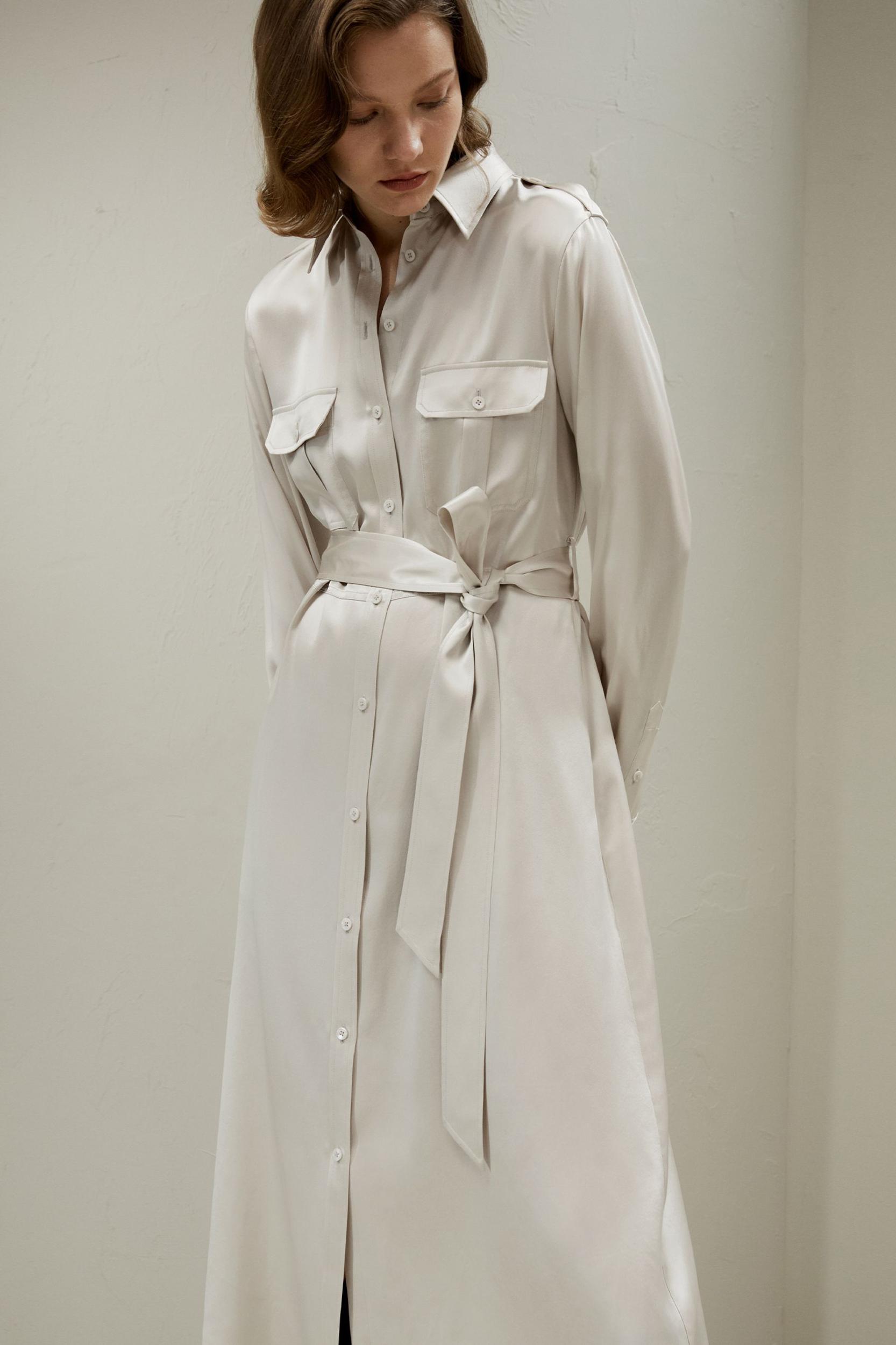 Trench-Style Silk Midi Shirt Dress Product Image
