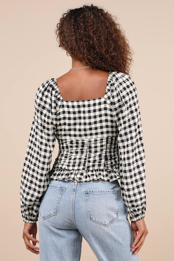 Cutest Beauty Black and White Gingham Ruched Balloon Sleeve Top Product Image