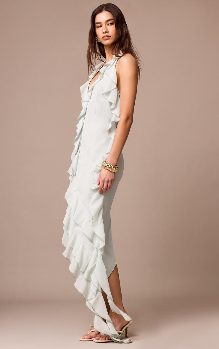 Sage Chiffon Frill Detail Plunge Midaxi Dress Product Image