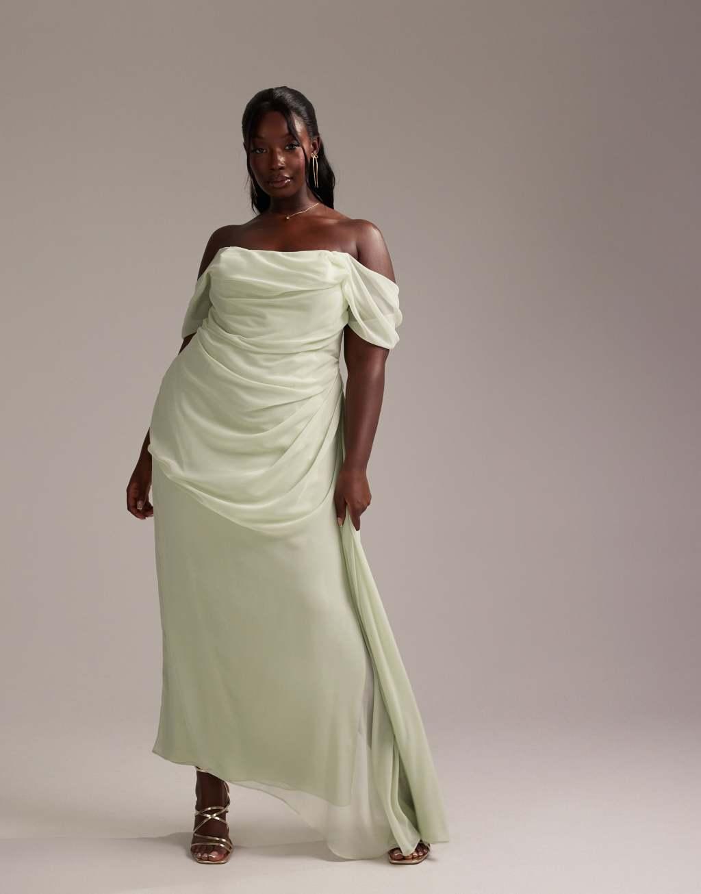 ASOS DESIGN Curve Bridesmaids draped off the shoulder midaxi dress in light green Product Image