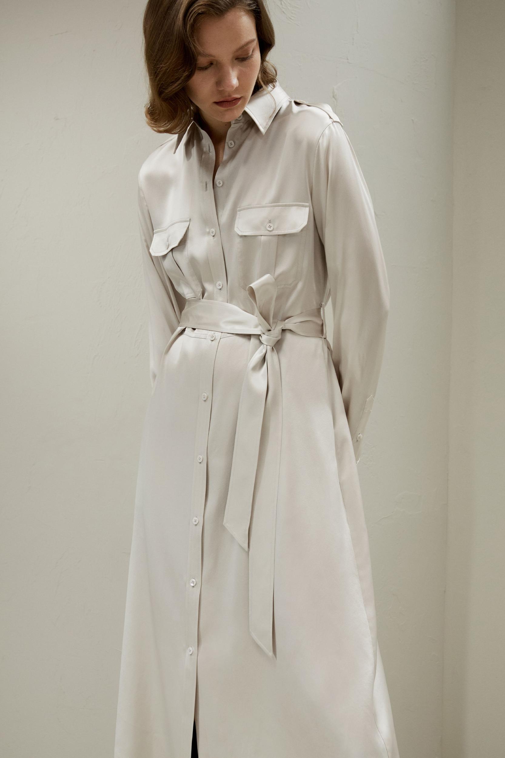 Trench-Style Silk Midi Shirt Dress Product Image