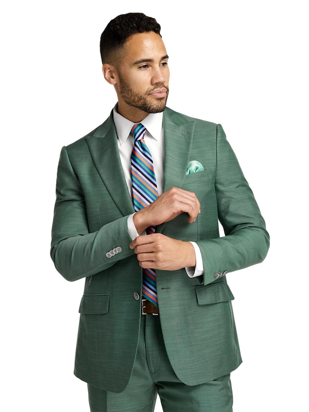 Microfiber Linen Blend Single Breasted Peak Lapel Suit Jacket - Green Product Image