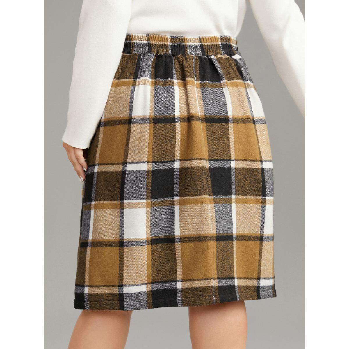 Plus Size Plaid Button Detail Patched Pocket Skirt Women Tan Office Elastic Waist Bodycon No stretch Pocket Office Skirts BloomChic 10/M Product Image