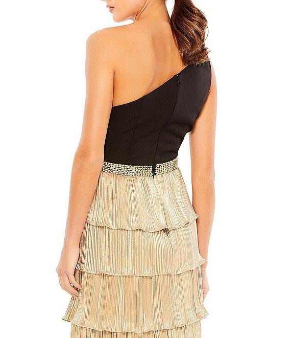 Mac Duggal Tiered Sleeveless One Shoulder Ruffle High Slit Belted Gown Product Image