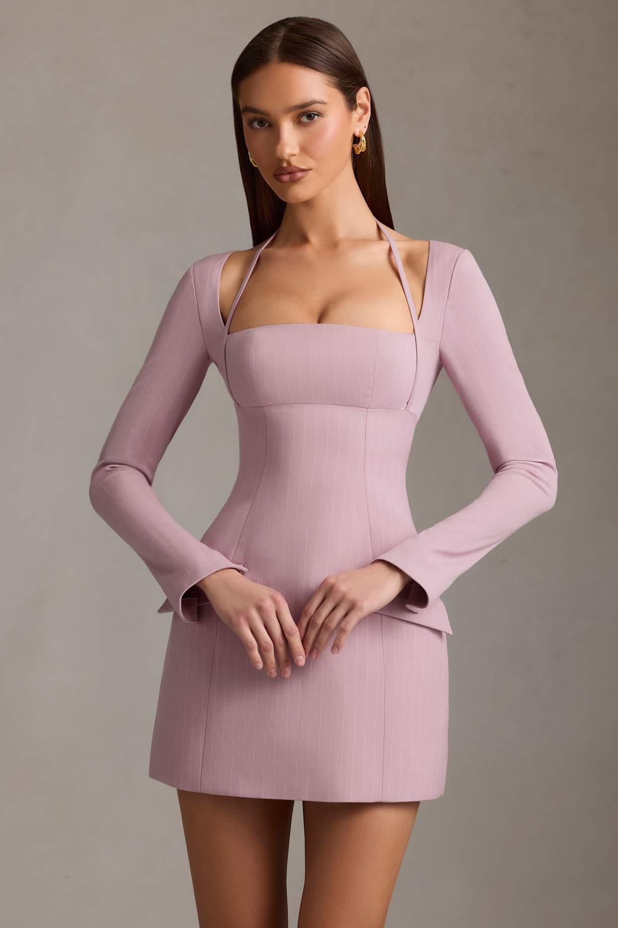 Pinstripe Structured A-Line Mini Dress in Mauve Product Image