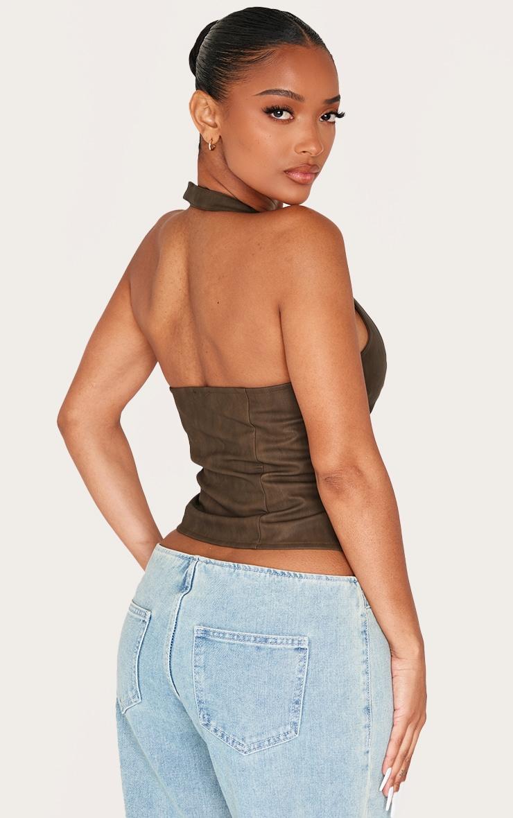 Shape Olive Washed Faux Leather Halter Neck Lace Up Corset Product Image