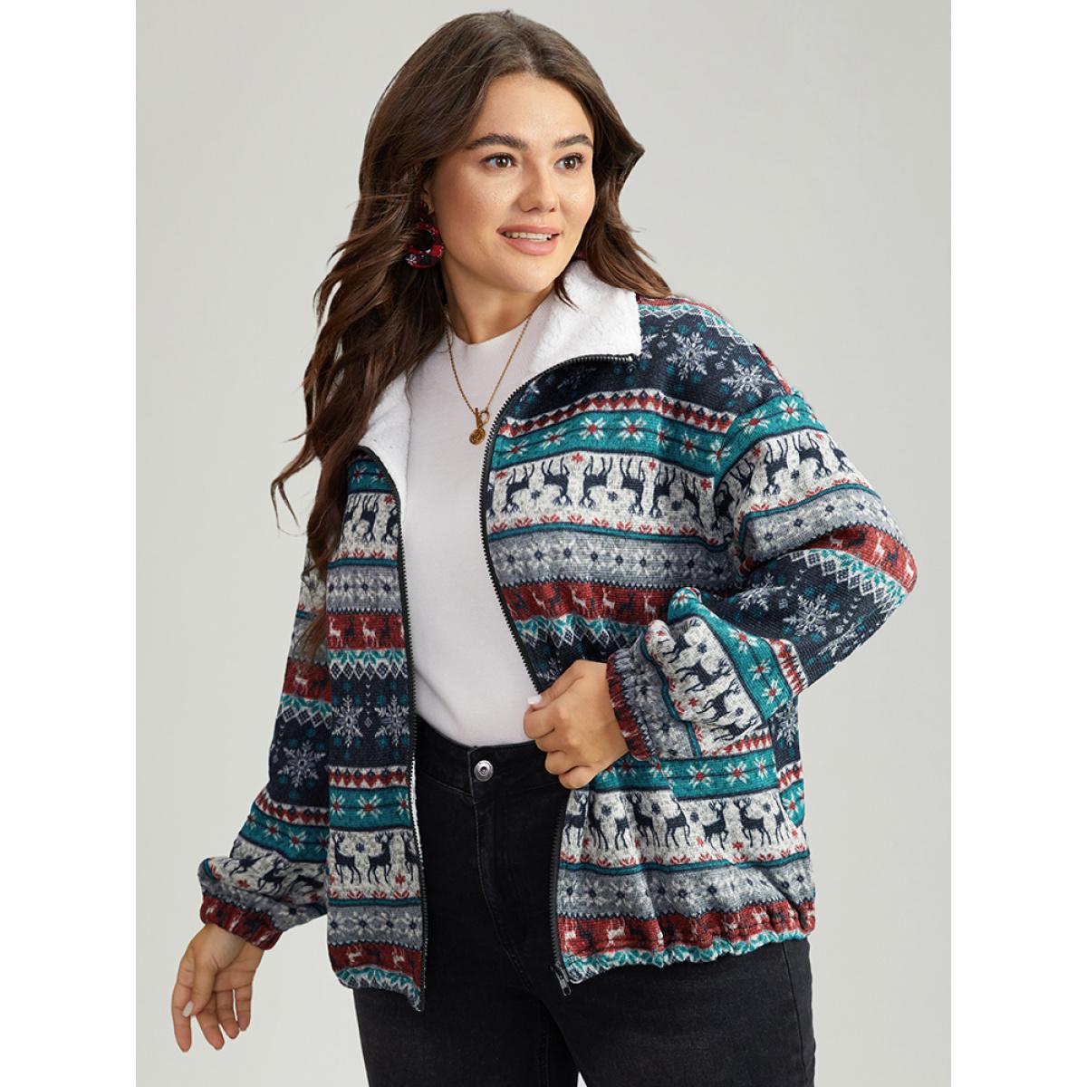 Plus Size Patchwork Contrast Drawstring Zipper Jacket Women Multicolor Elastic cuffs Dailywear Jackets BloomChic 14-16/1X Product Image