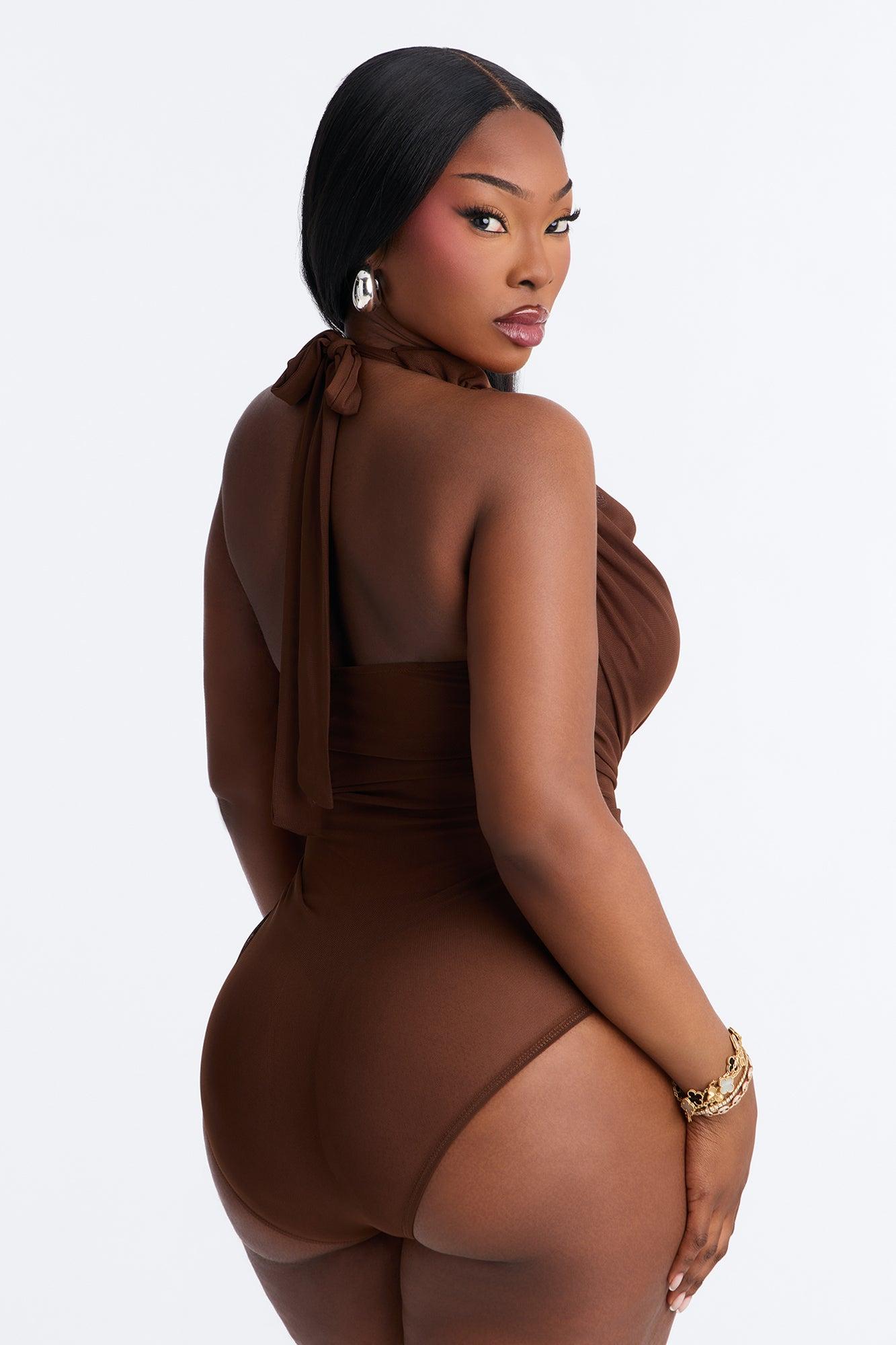 Raye Ruched Deep V Neck Halter Bodysuit - Brown Female Product Image