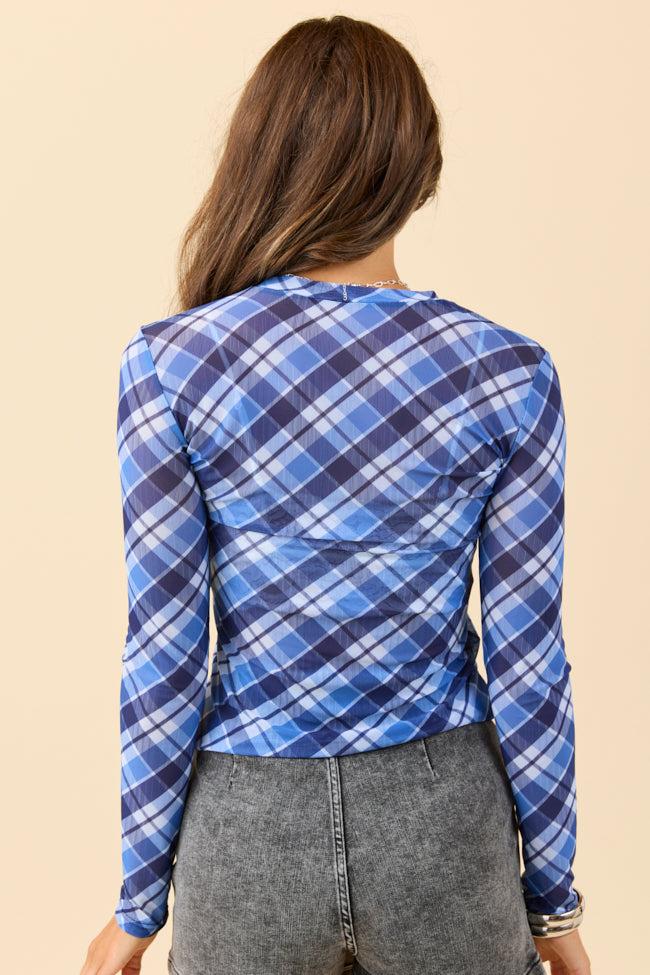 Ansley Long Sleeve Blue Plaid Mesh Crewneck Top FINAL SALE Product Image