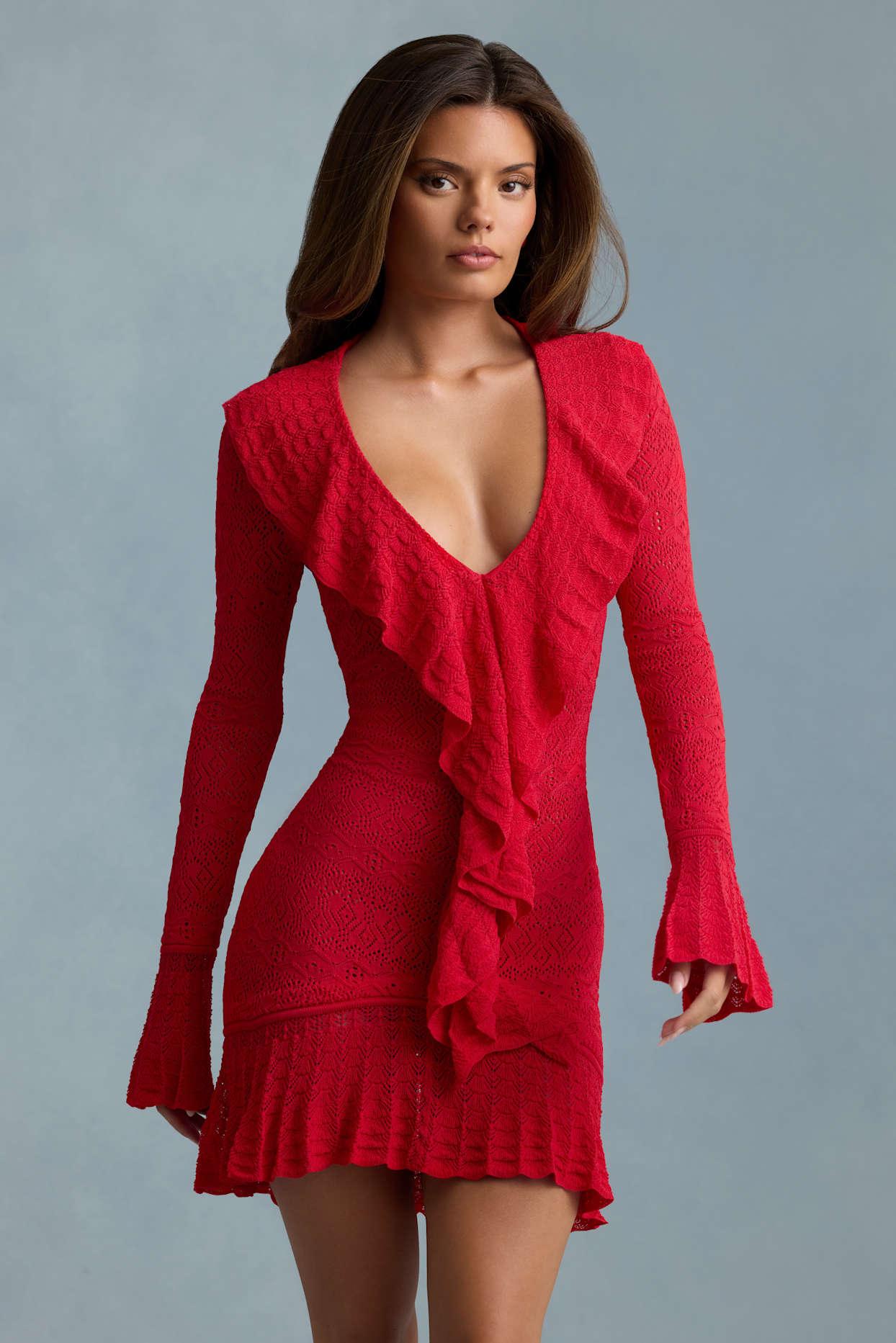 Ruffle-Trim Pointelle-Knit Mini Dress in Scarlet Red Product Image