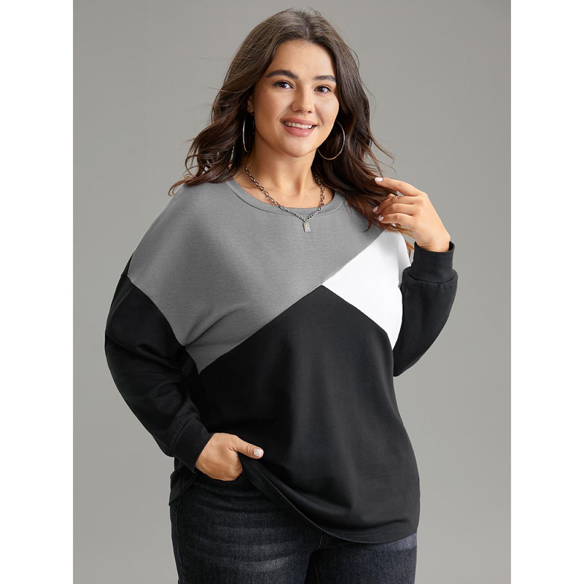 Plus Size Colorblock Contrast Round Neck Drop Shoulder Sweatshirt Women Gray Casual Contrast Round Neck Dailywear Sweatshirts BloomChic 18-20/2X Product Image