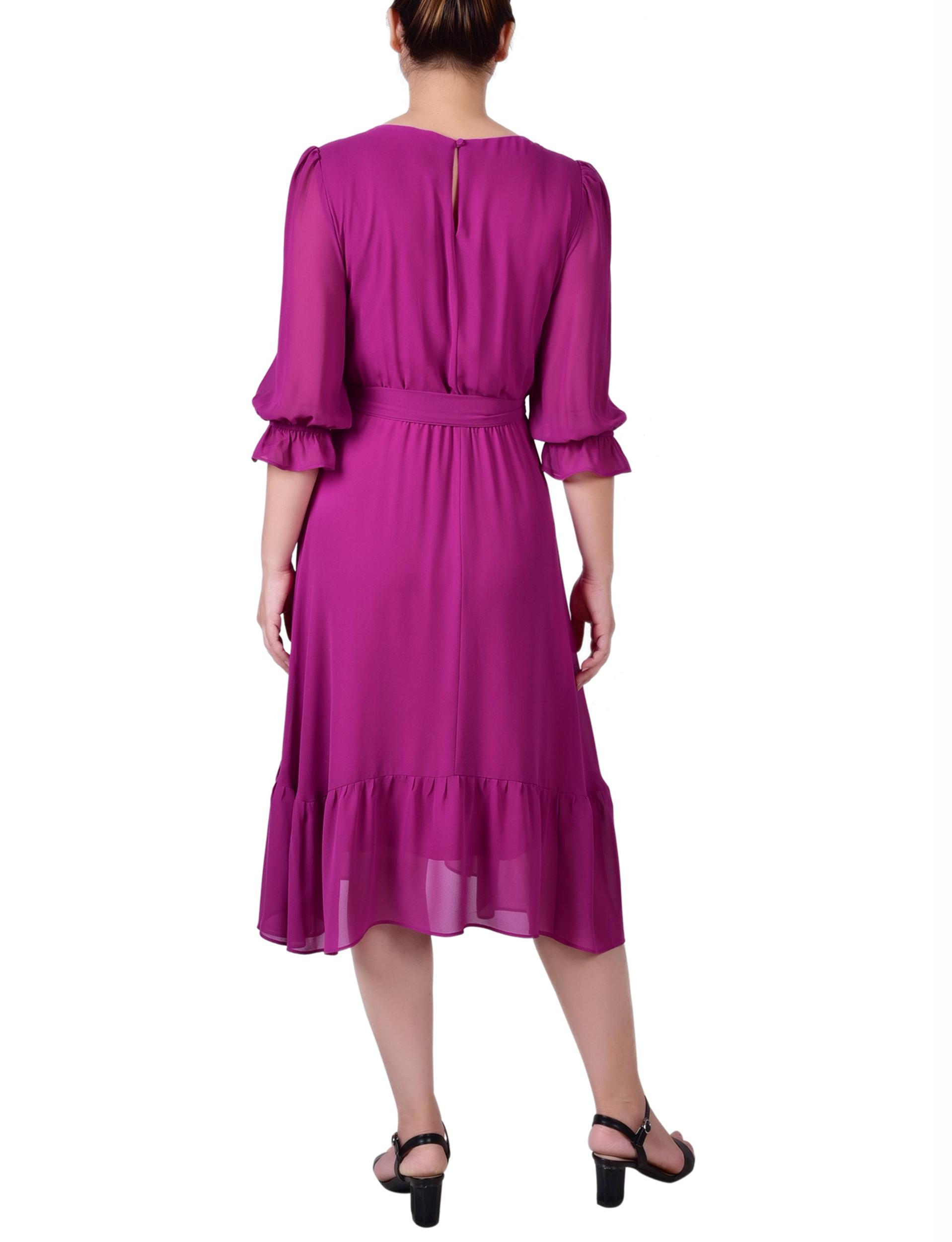 Magenta 3/4 Sleeve V-Neck Flounced Dress Product Image
