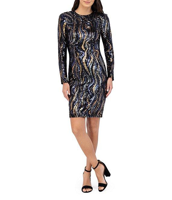 Vince Camuto Sequin Swirl Sheath Silhouette Boat Neck Long Sleeve Knee Length Dress Product Image