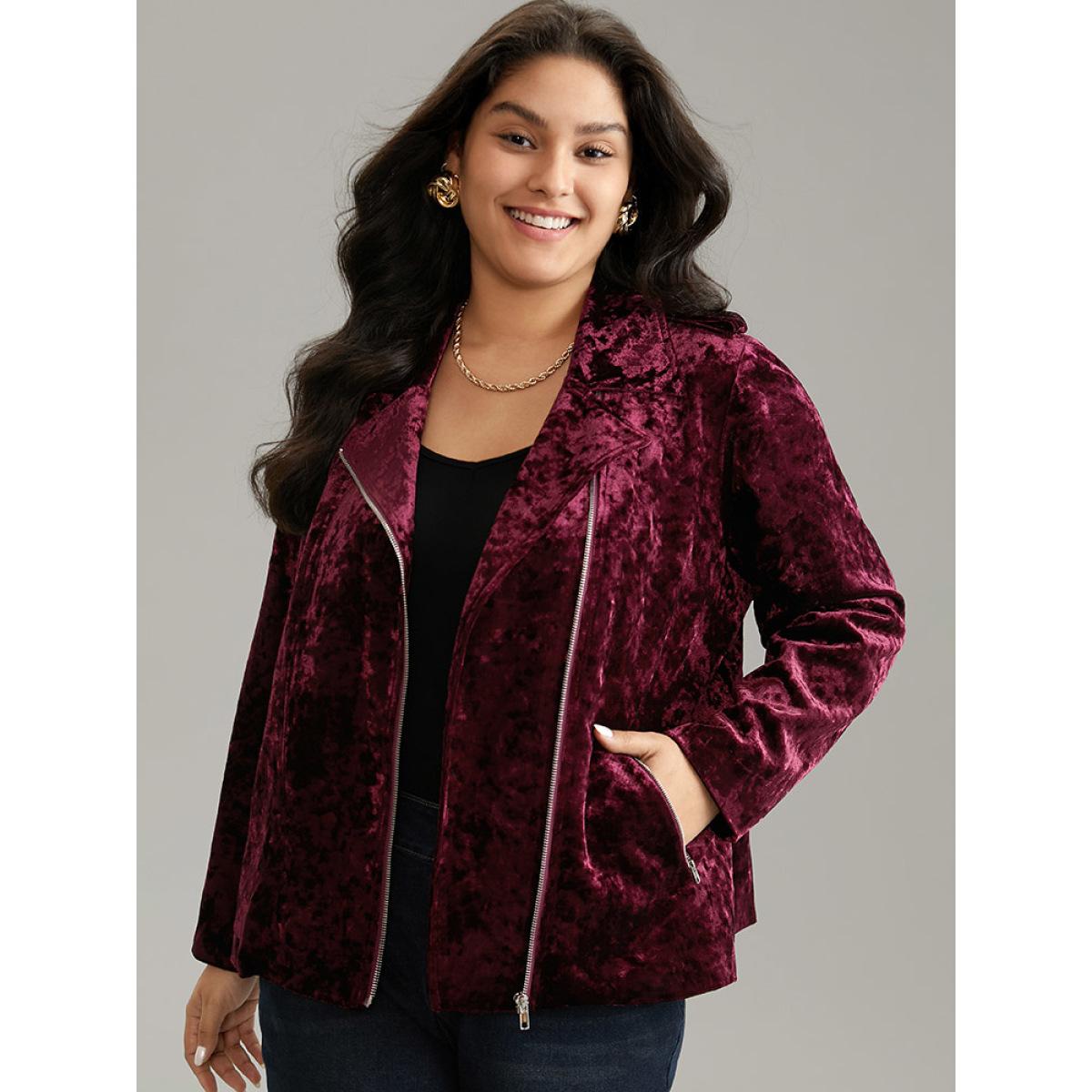 Plus Size Plain Velvet Asymmetrical Zipper Jacket Women Scarlet Lined Pocket Dailywear Jackets BloomChic 10/M Product Image