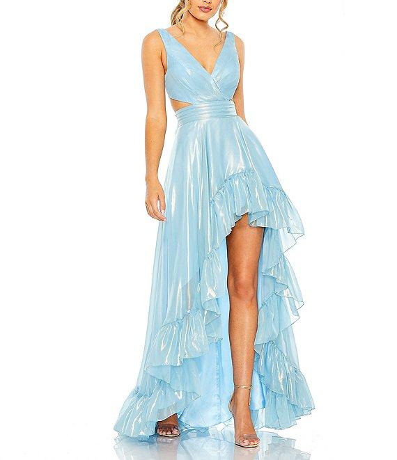 Mac Duggal Organza V-Neck Sleeveless Side Cutout Ruffle High Low Back Tie Gown Product Image