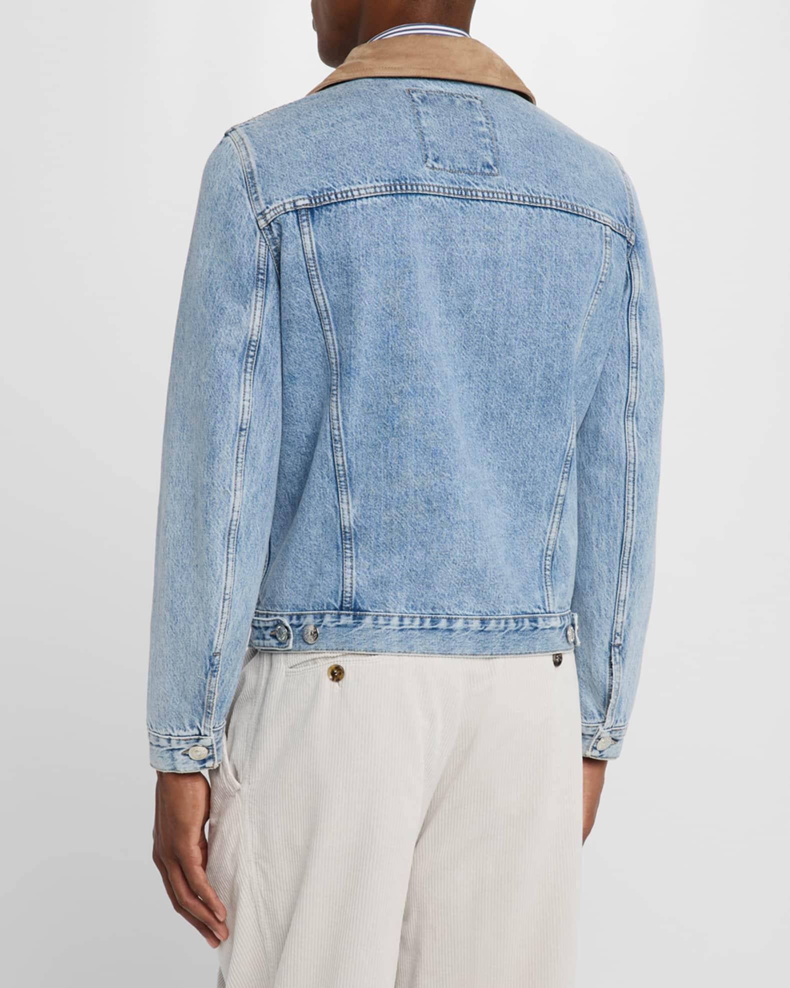 Men's Suede-Collar Light Wash Denim Jacket Product Image