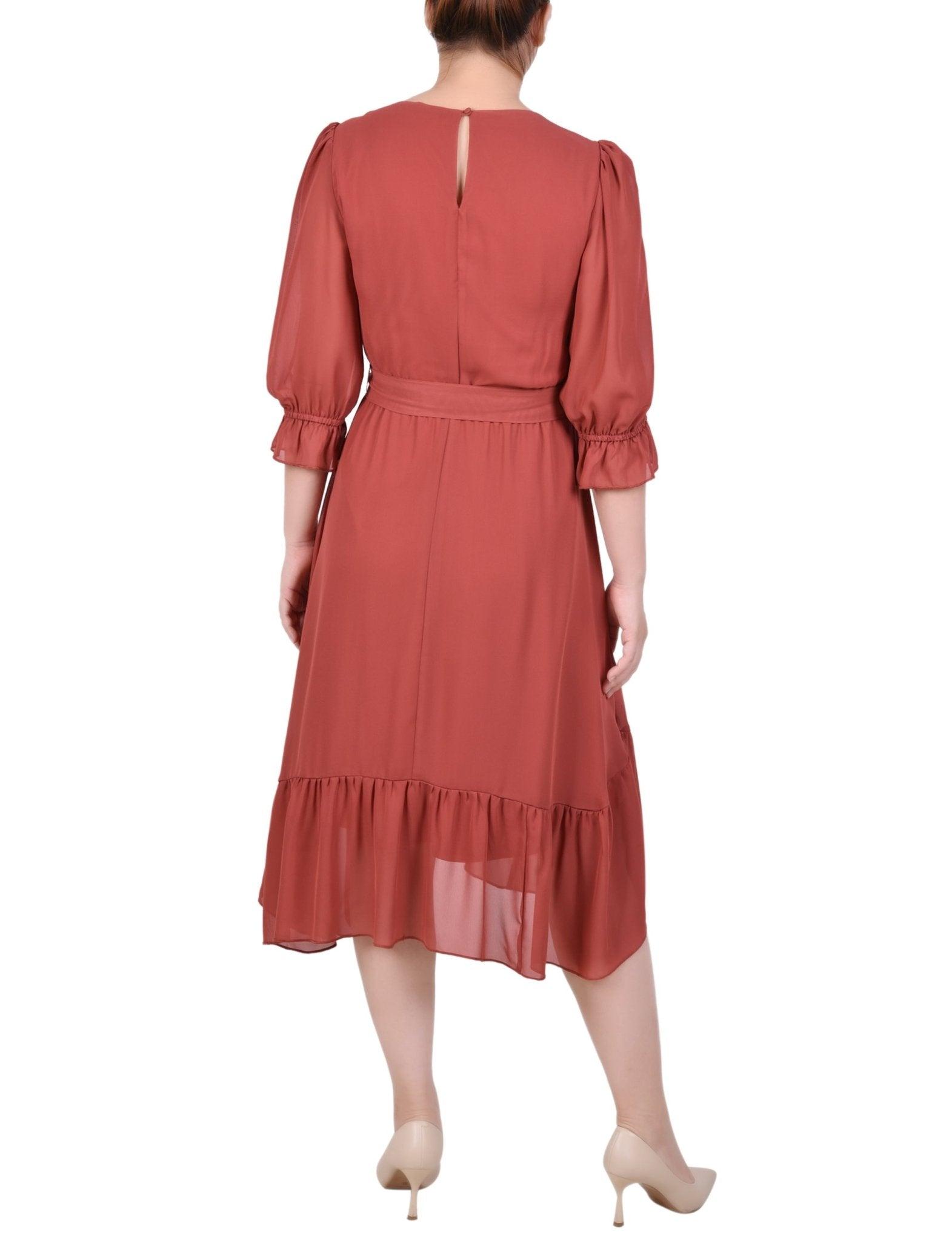 Marsala 3/4 Sleeve V-Neck Flounced Dress Product Image