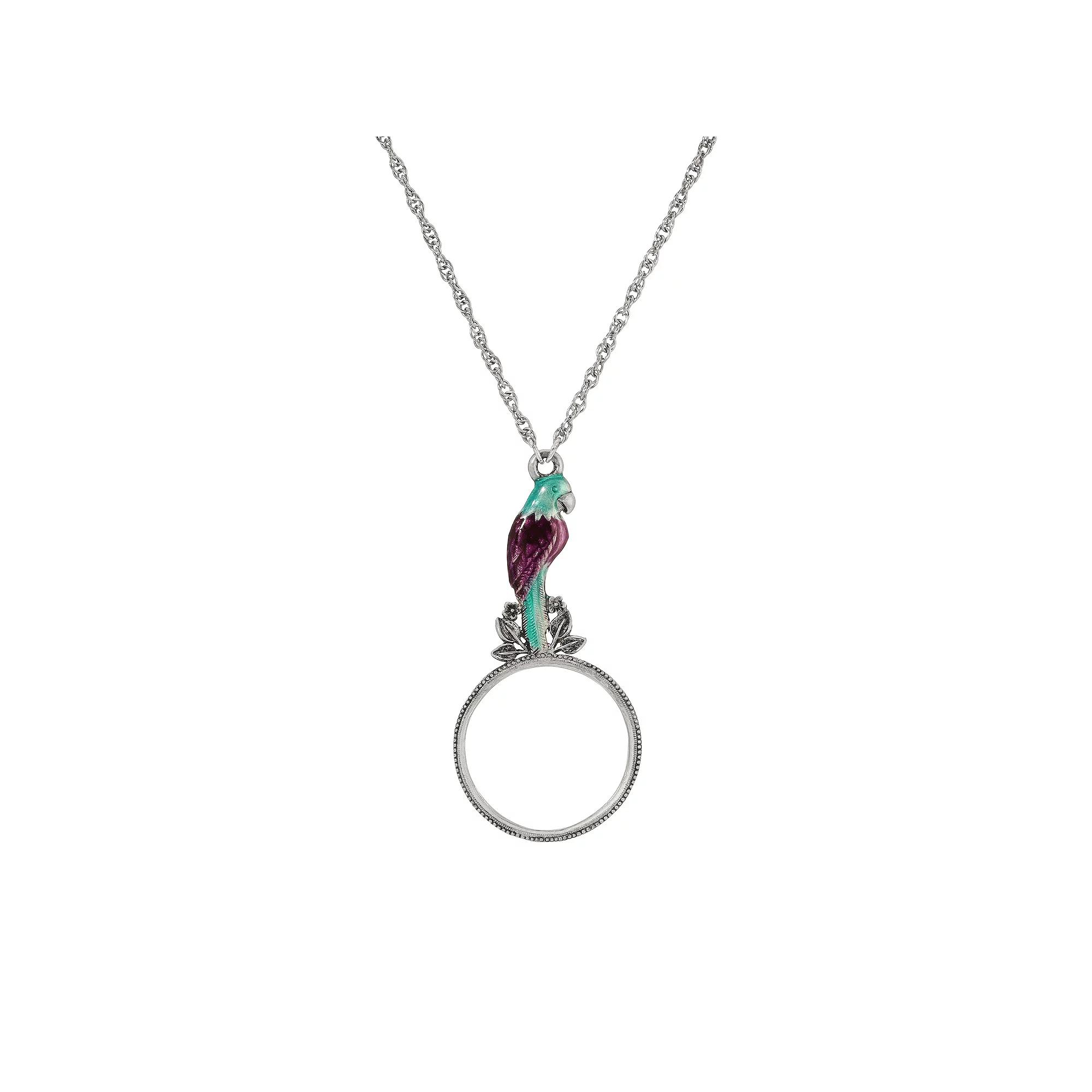 1928 Silver Tone Enamel Parrot Magnifier Necklace, Womens, Purple Product Image