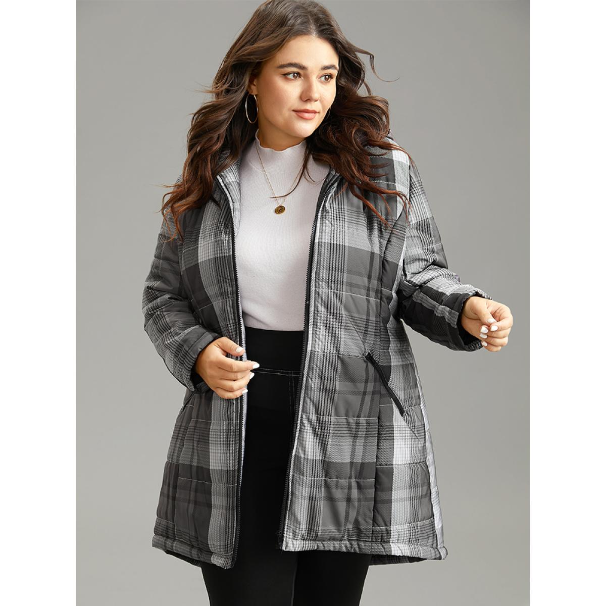 Plus Size Plaid Contrast Zipper Hooded Coat Women DimGray Casual Lined Ladies Dailywear Winter Coats BloomChic 18-20/2X Product Image
