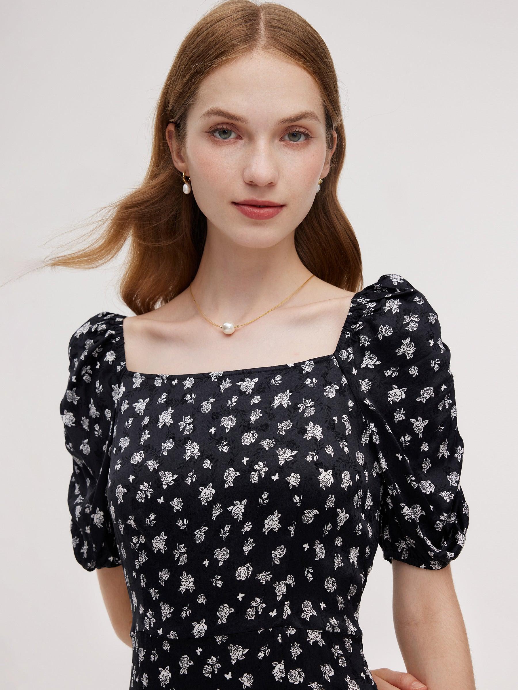 Floral Print Square Neck Women Side Slit Maxi Dress Product Image