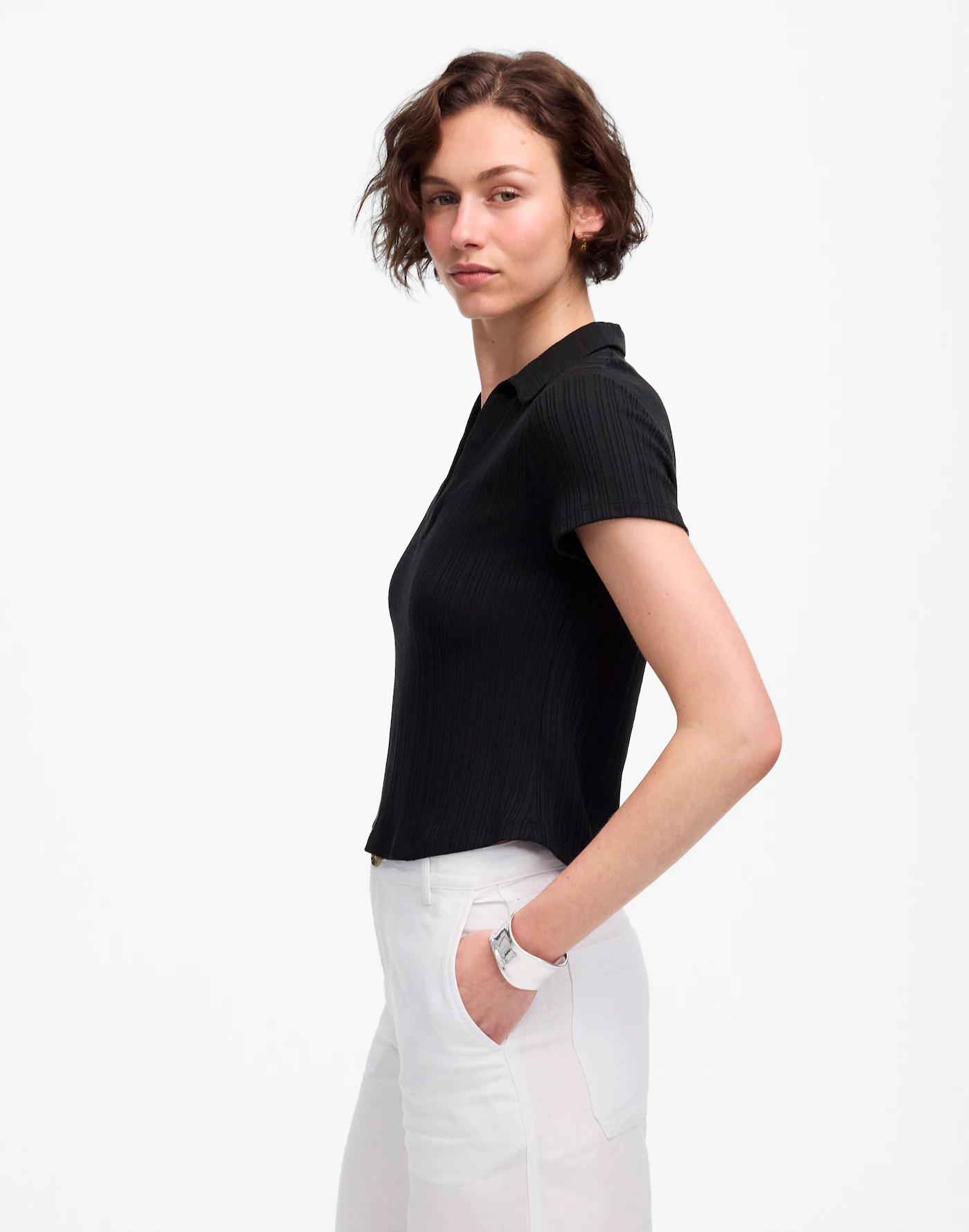 Ribbed V-Neck Polo Tee Product Image