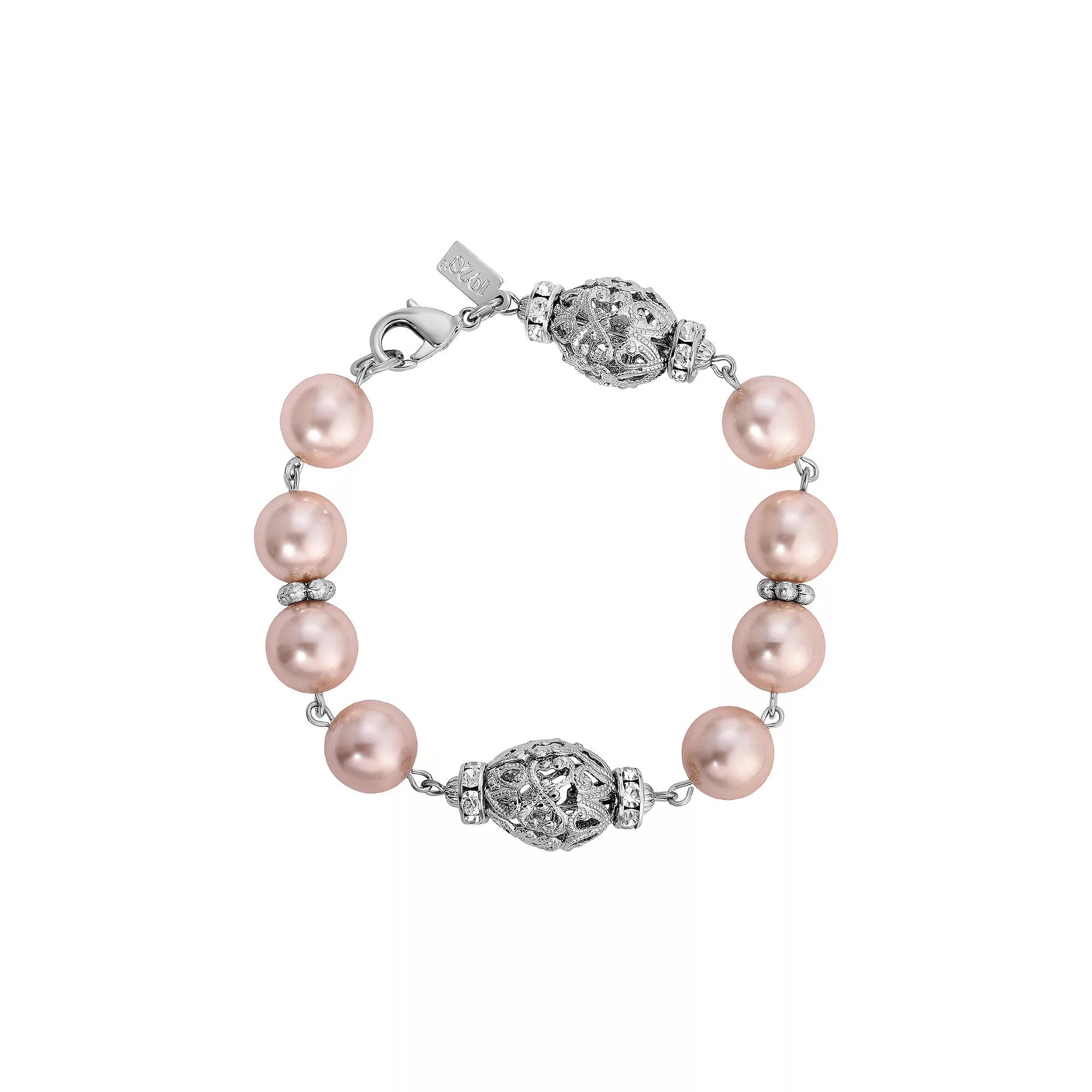 1928 Silver Tone Filigree Faux Pearl Bracelet, Women's, Pink Product Image