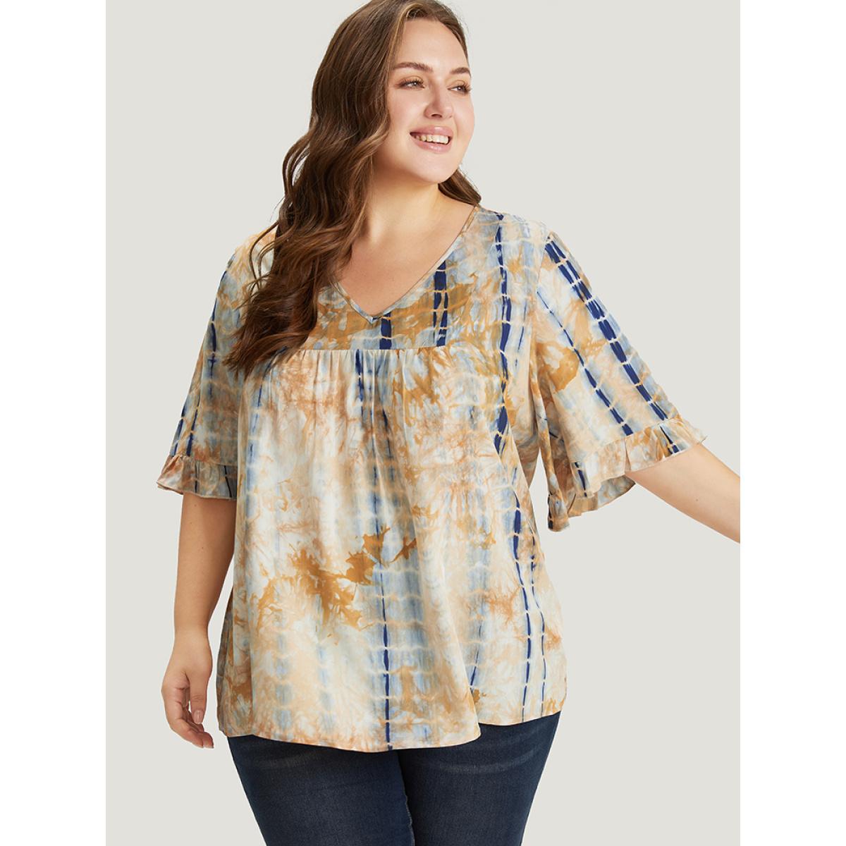 Plus Size Navy Tie Dye V Neck Flounce Sleeve Blouse Women Vacation Half Sleeve V-neck Dailywear Blouses BloomChic 14-16/1X Product Image