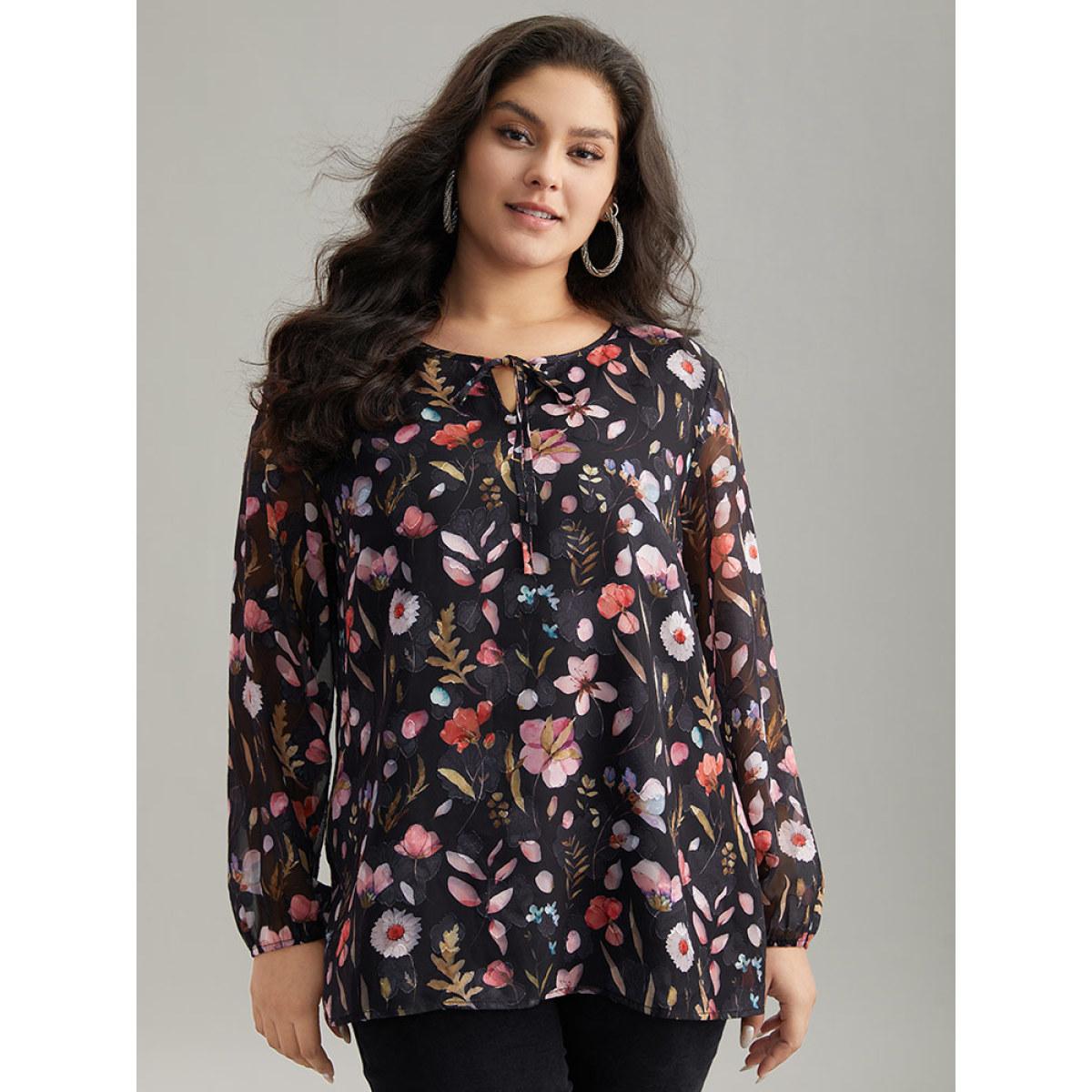 Plus Size BlackFlower Floral Print Chiffon Knot Neck Lantern Sleeve Blouse Women Elegant Long Sleeve Tie Neck Dailywear Blouses BloomChic 22-24/3X Product Image