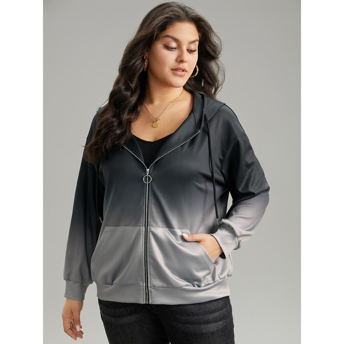 Plus Size Ombre Contrast Zipper Pocket Drawstring Jacket Women Gray Contrast Pocket Dailywear Jackets BloomChic 18-20/2X Product Image