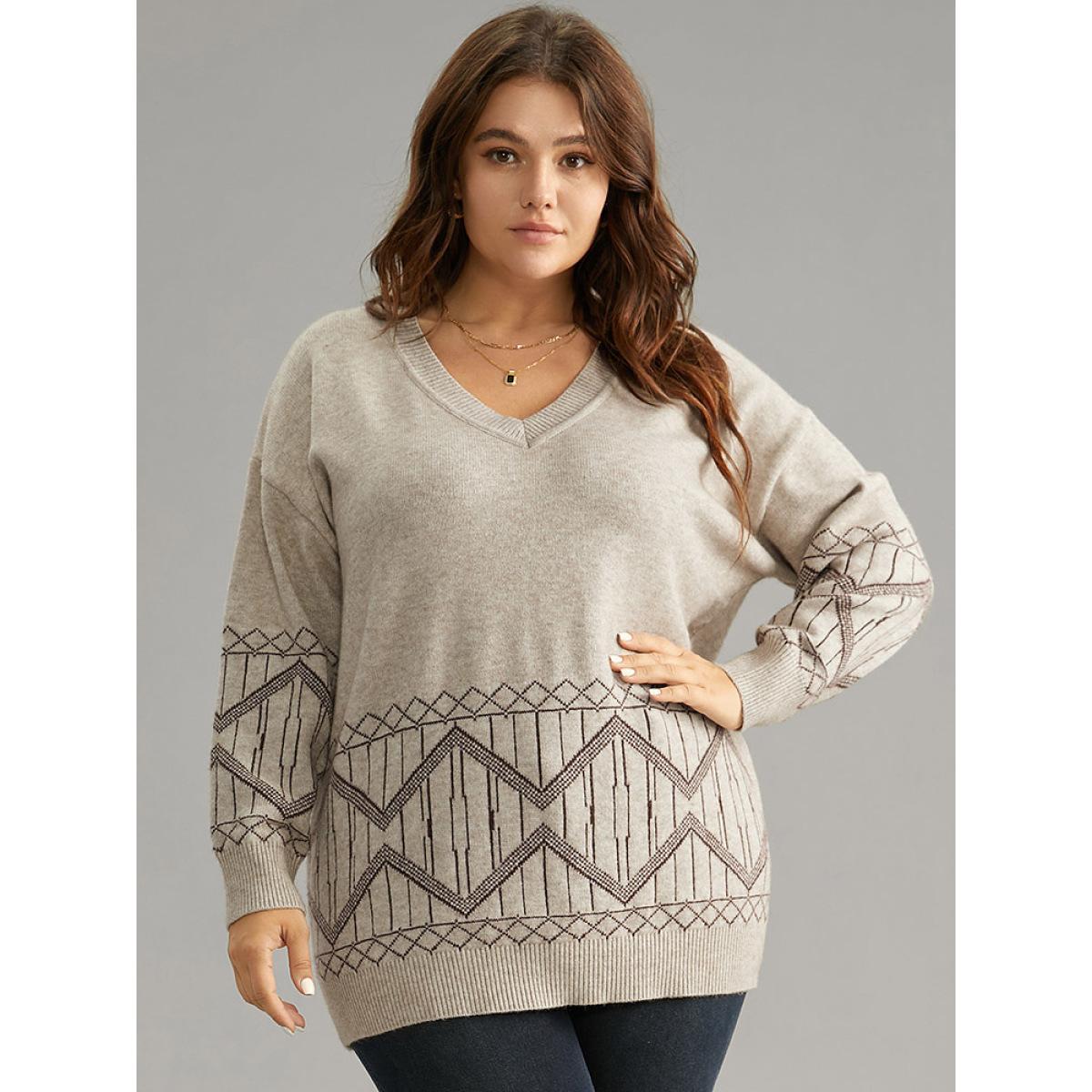Plus Size Supersoft Essentials Geometric Graphic V Neck Pullover LightBrown Women Casual Loose Long Sleeve V-neck Dailywear Pullovers BloomChic 14-16/1X Product Image