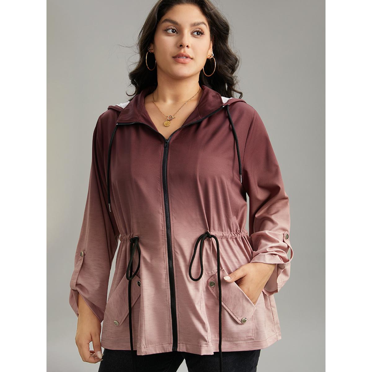 Plus Size Ombre Zipper Drawstring Pocket Tab Sleeve Jacket Women Scarlet Zipper Pocket Everyday Jackets BloomChic 14-16/1X Product Image