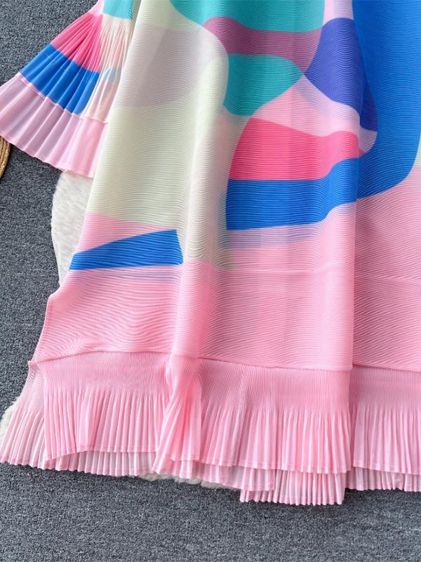 Flared Sleeves Loose Belted Contrast Color Pleated Midi Dresses Product Image