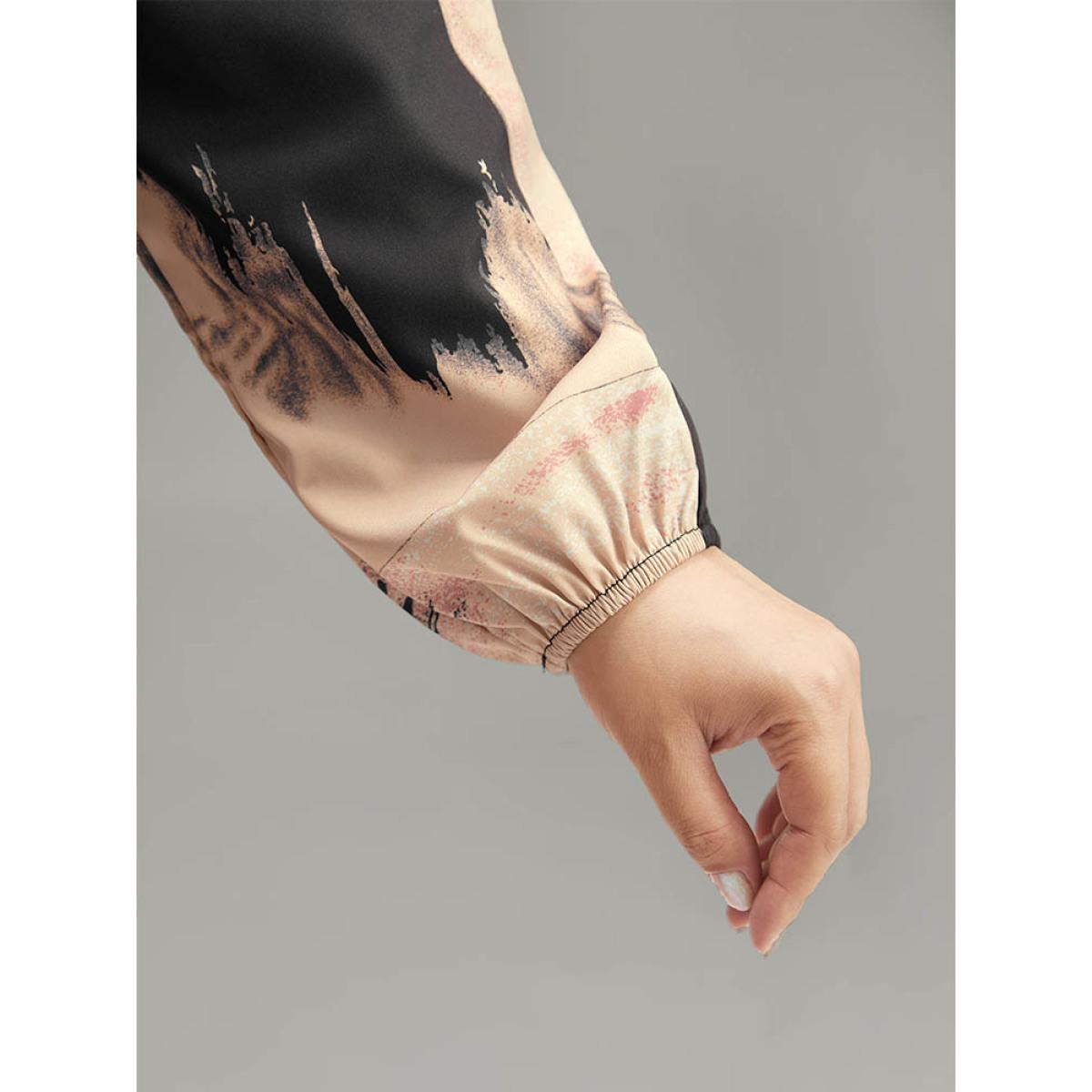 Plus Size Brush Print Contrast Elastic Waist Button Through Dress Multicolor Women Office Elastic cuffs Shirt collar Long Sleeve Curvy Midi Dress BloomChic 12/L Product Image