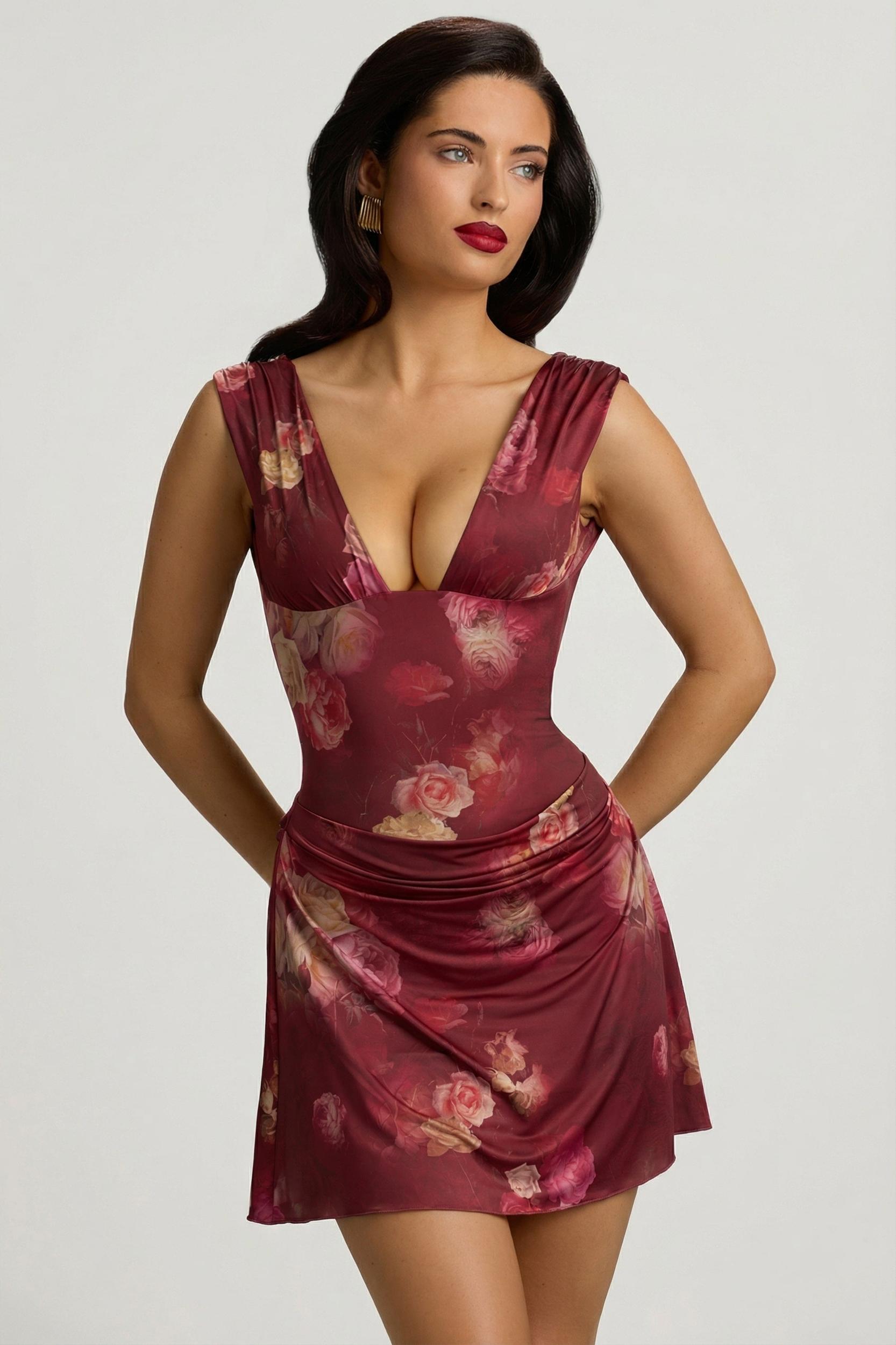 Draped Open-Back A-Line Mini Dress in Maroon Floral Print Product Image