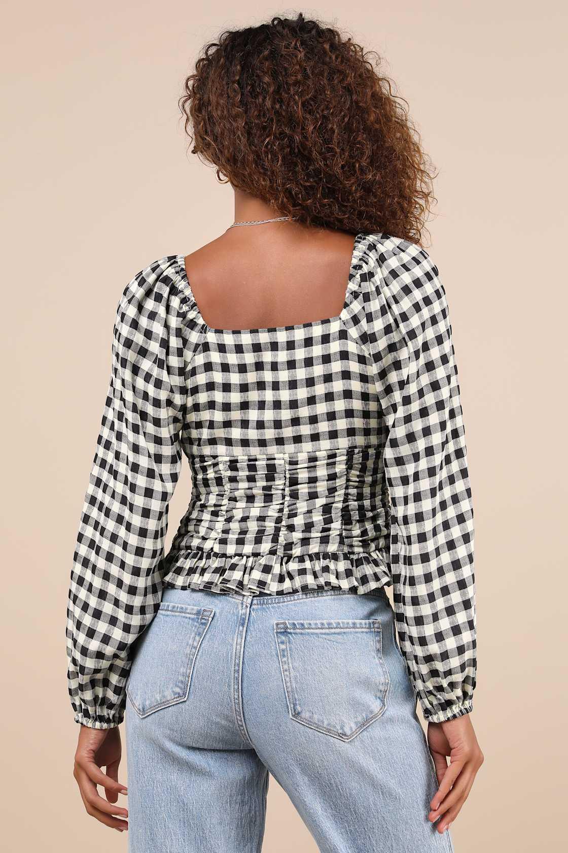 Cutest Beauty Black and White Gingham Ruched Balloon Sleeve Top Product Image
