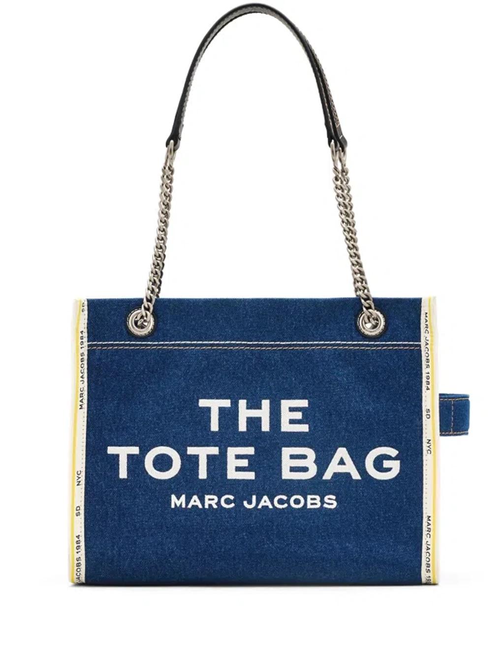MARC JACOBS The Medium Tote In Blue Denim With Embroidered Logo In Dark Wash Product Image