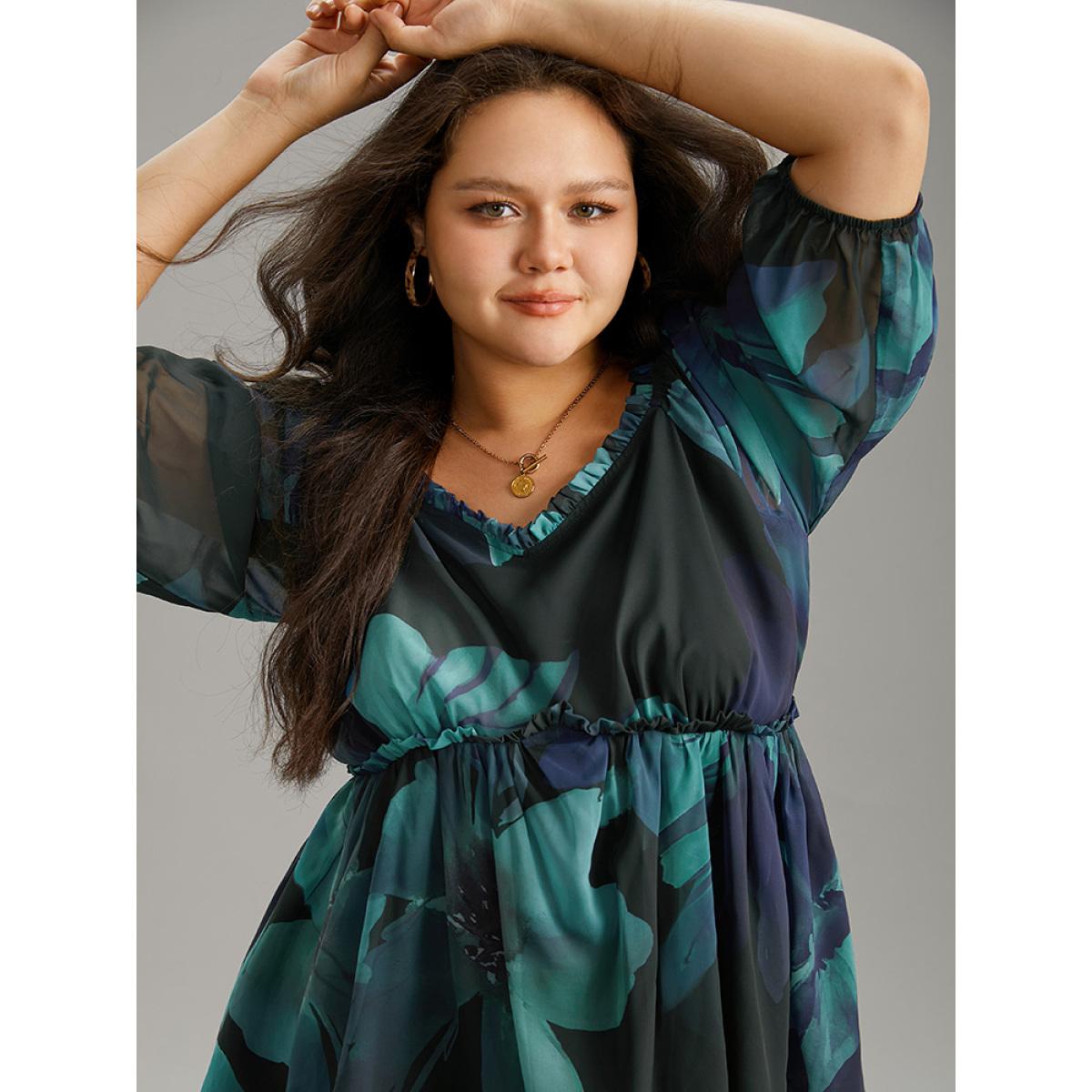 Plus Size Cyan Square Neck Floral Frill Trim Mesh Ruffles Blouse Women Elegant Elbow-length sleeve Square Neck Dailywear Blouses BloomChic 14-16/1X Product Image