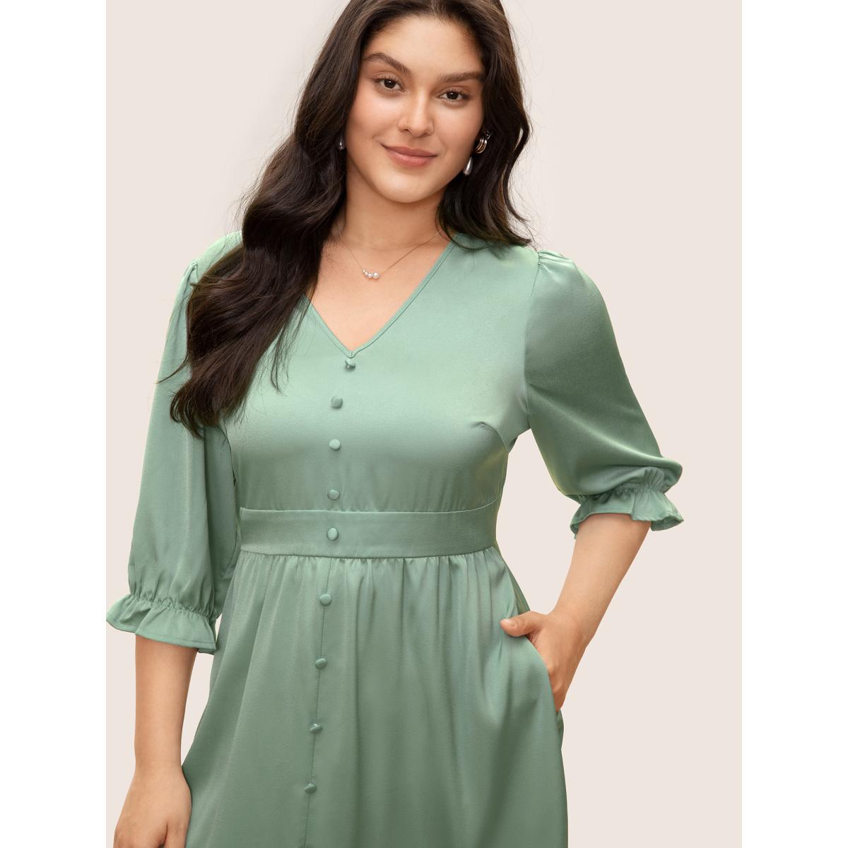 Plus Size Plain Ruffles Button Detail Split Front Satin Dress Turquoise Women Elegant Non V-neck Elbow-length sleeve Curvy Midi Dress BloomChic 28/5X Product Image