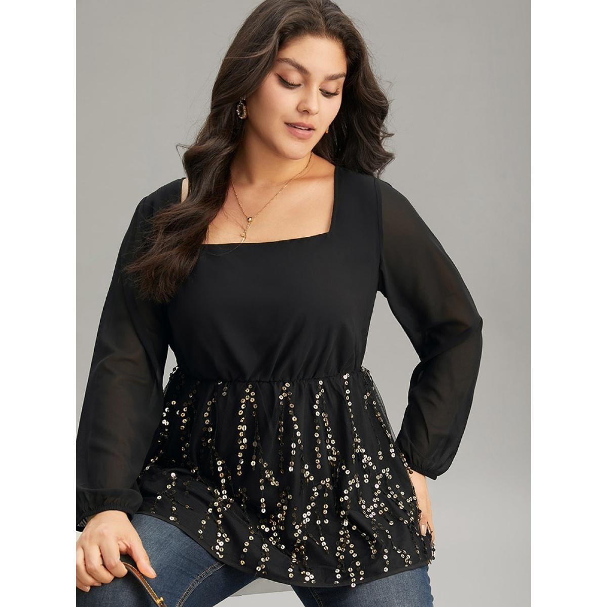 Plus Size Black Sequin Mesh Patchwork Square Neck Blouse Women Glamour Long Sleeve Square Neck Going out Blouses BloomChic 10/M Product Image