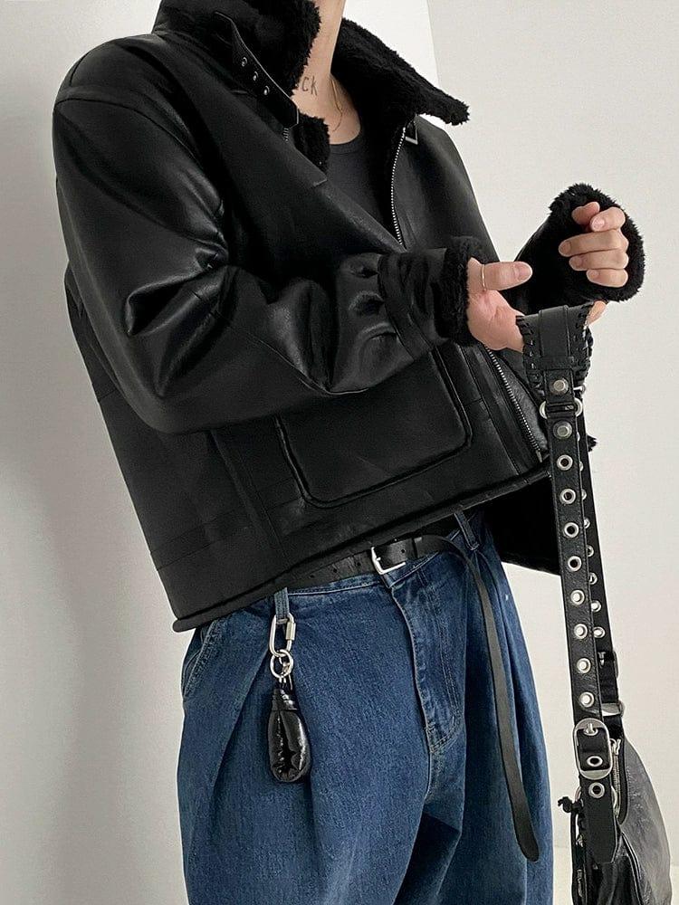 RT No. 10338 BLACK STAND COLLAR FLEECE LEATHER JK Product Image