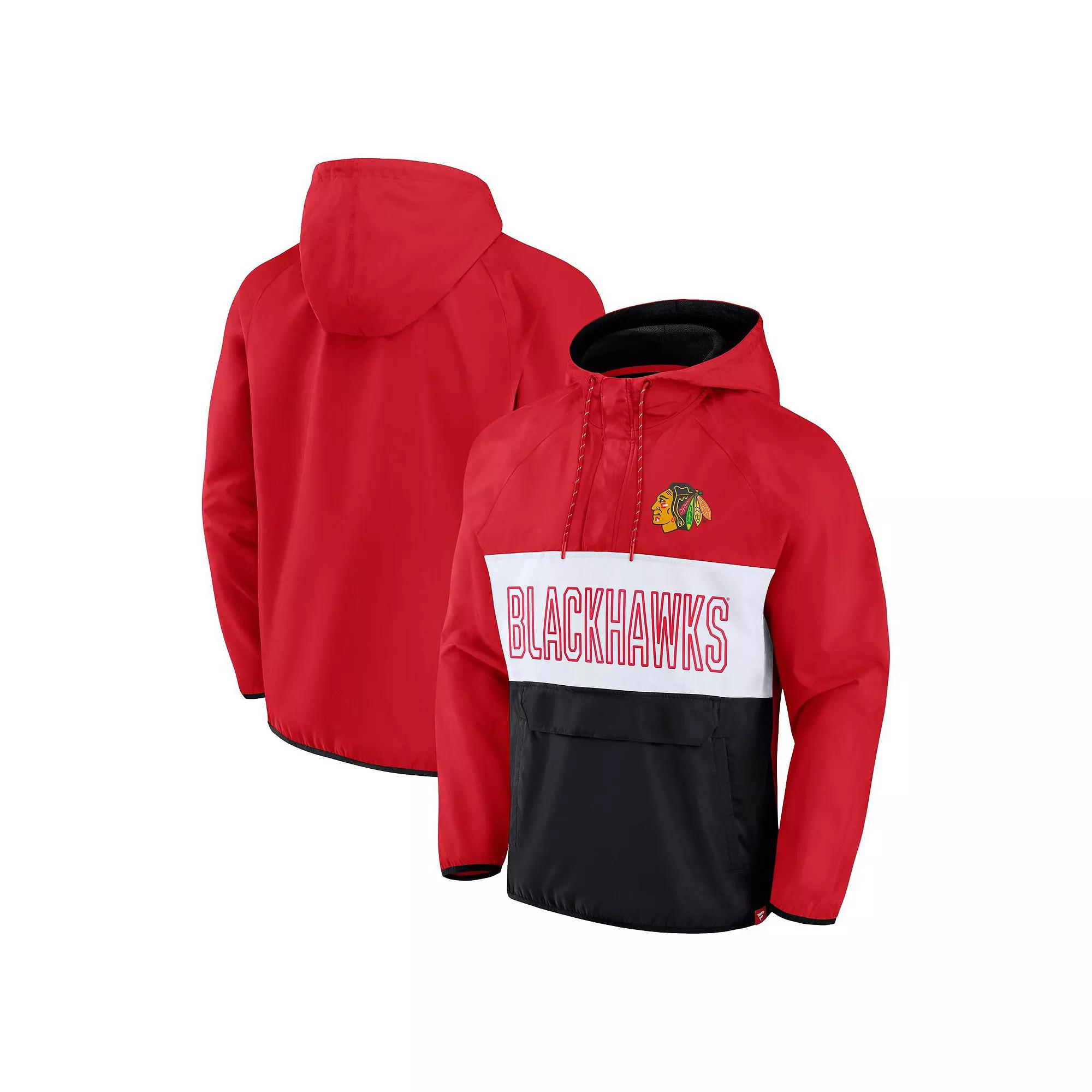 Men's Fanatics Branded Red/Black Chicago Blackhawks Backhand Shooter Defender Anorak Raglan Hoodie Quarter-Zip Jacket,  Product Image