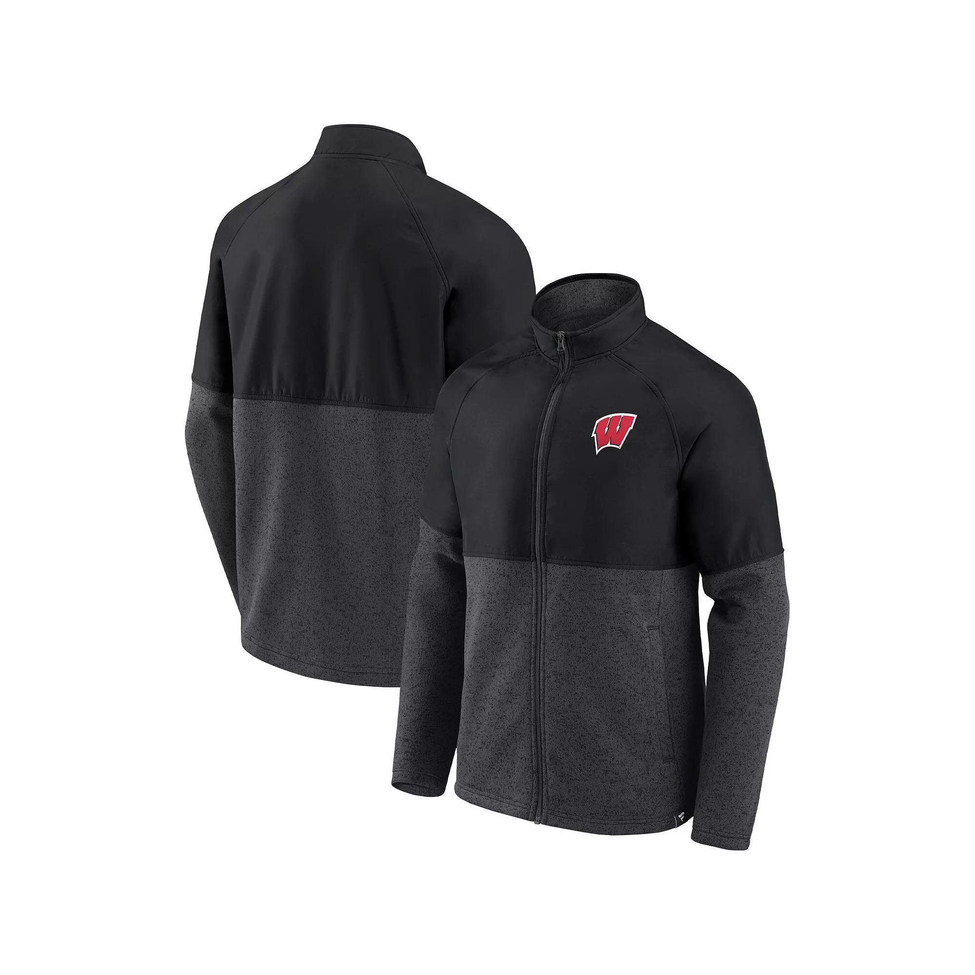 Men's Fanatics Branded Black/Heathered Charcoal Wisconsin Badgers Durable Raglan Full-Zip Jacket,  Product Image