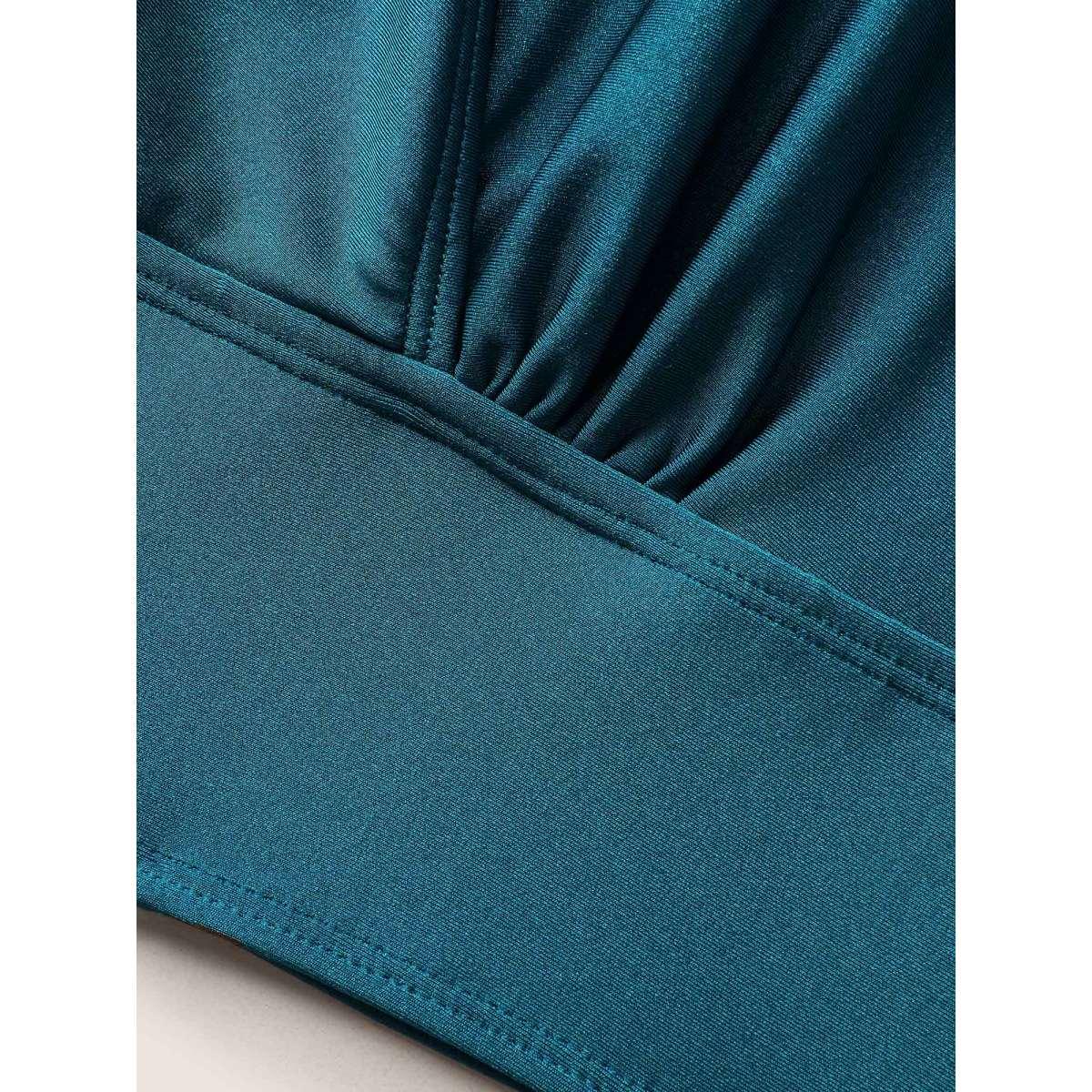 Plus Size Solid Wrap Ruffle Cap Sleeve Swim Top Women's Swimwear Cyan Beach Pleated High stretch Skinny Overlap Collar Curve Swim Tops BloomChic 30/6X Product Image