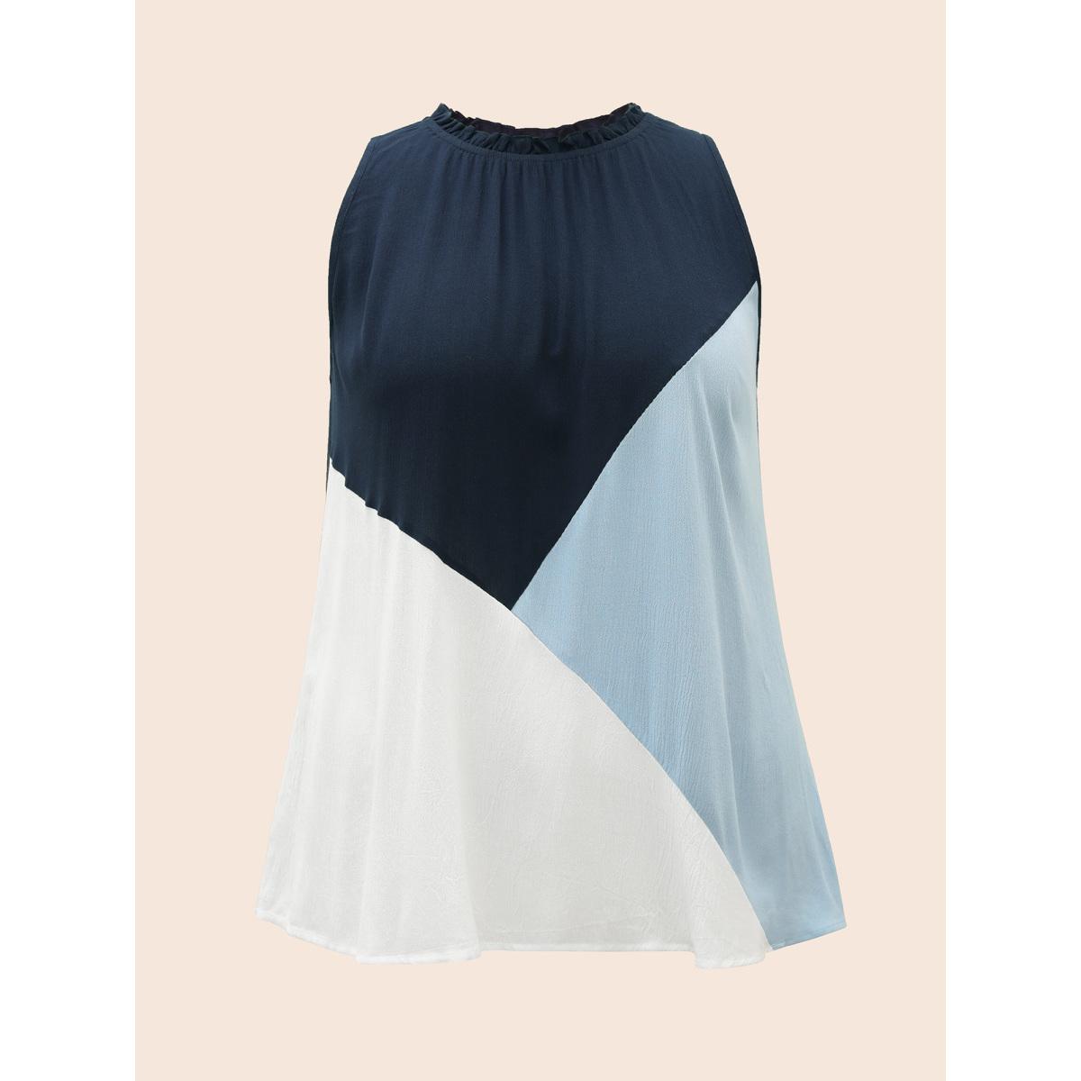 Plus Size Colorblock Contrast Frill Trim Gathered Tank Top Women DarkBlue Casual Contrast Mock Neck Everyday Tank Tops Camis BloomChic 30/6X Product Image