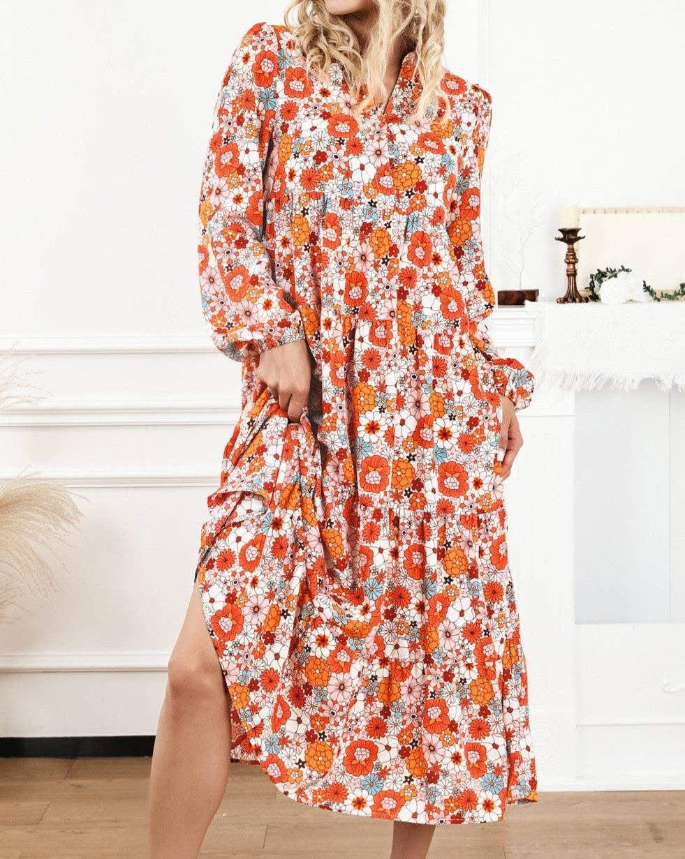 Floral Collared Tiered Midi Dress: Multicolor Product Image