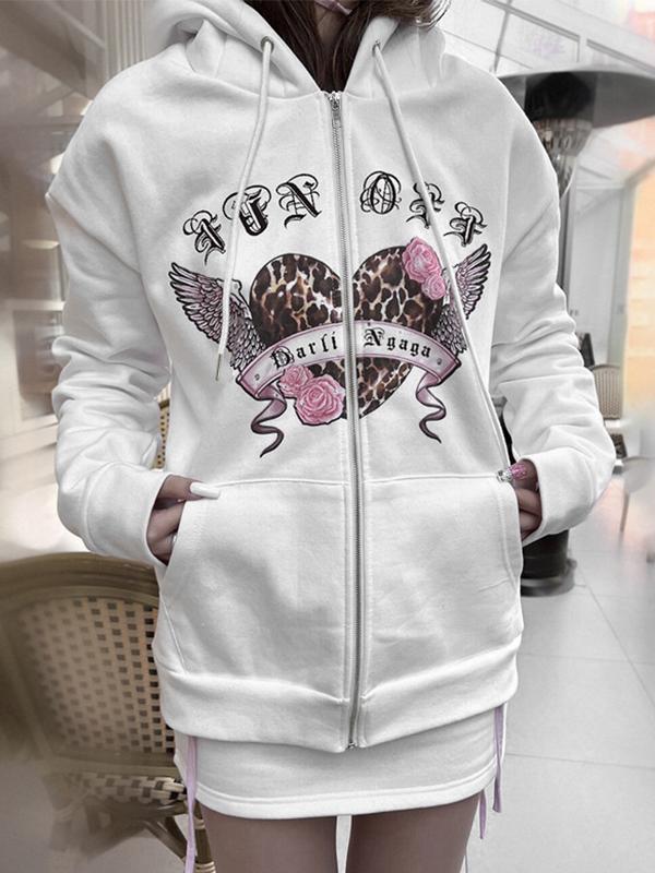 Ear Styling Heart Print Zip Up Oversized Hoodie Product Image