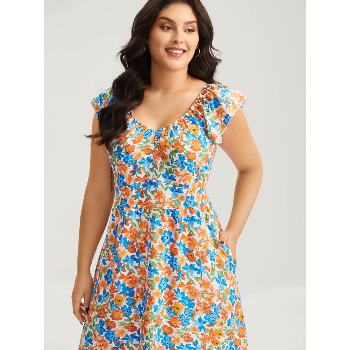 Plus Size Floral Print Stretchy Waist Flutter Midi Dress Multicolor Women V-neck Cap Sleeve Curvy BloomChic 18-20/2X Product Image