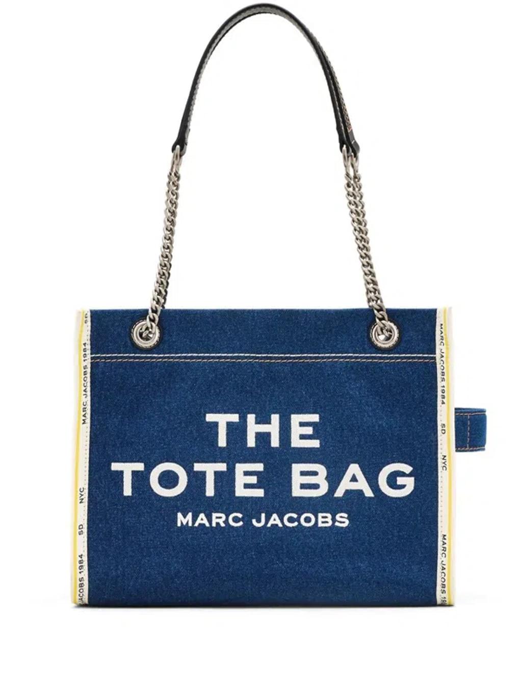 MARC JACOBS The Medium Tote In Blue Denim With Embroidered Logo In Dark Wash Product Image