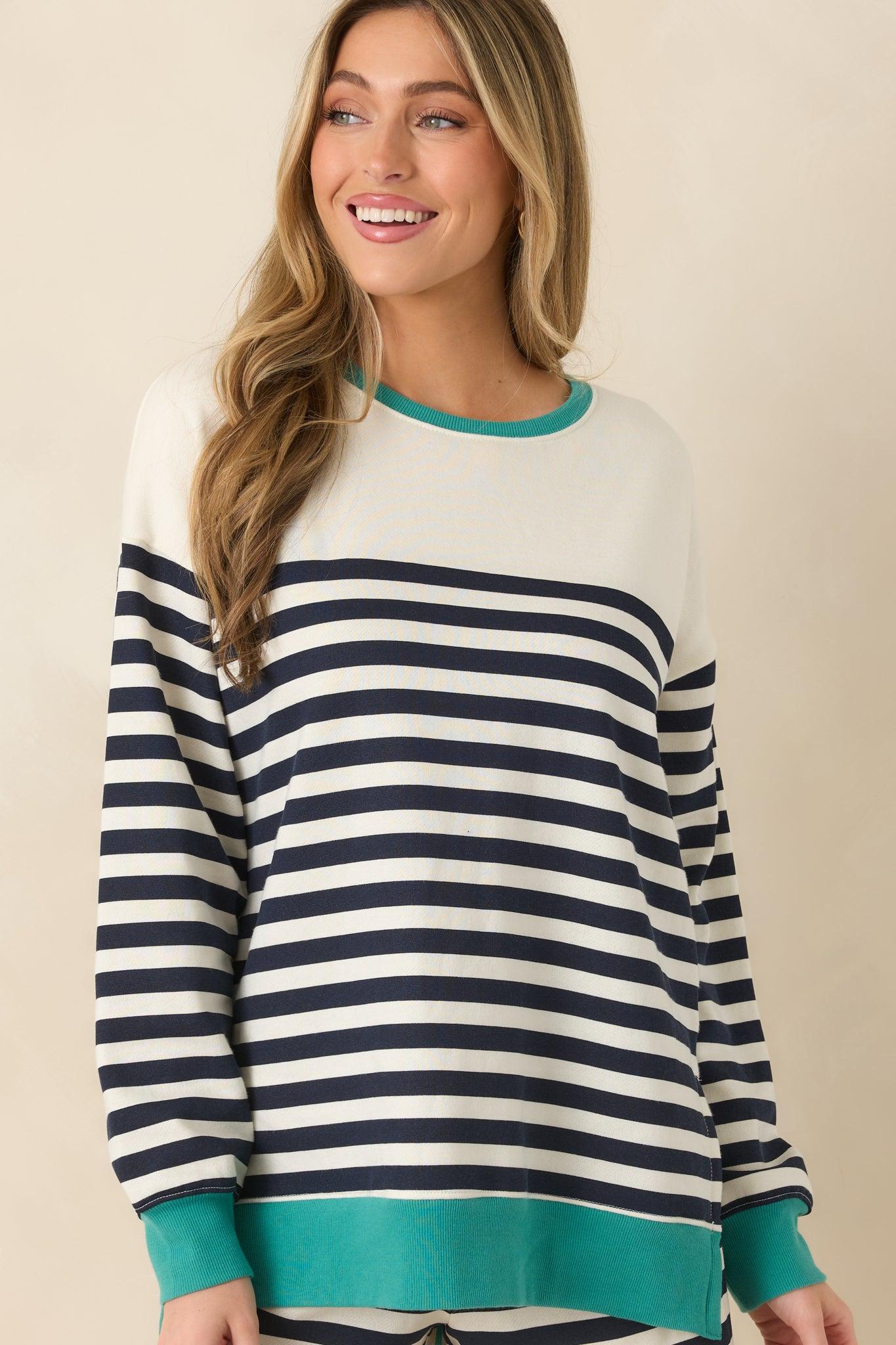 Z Supply Navy Cotton Blend Layer Up Stripe Sweatshirt Product Image