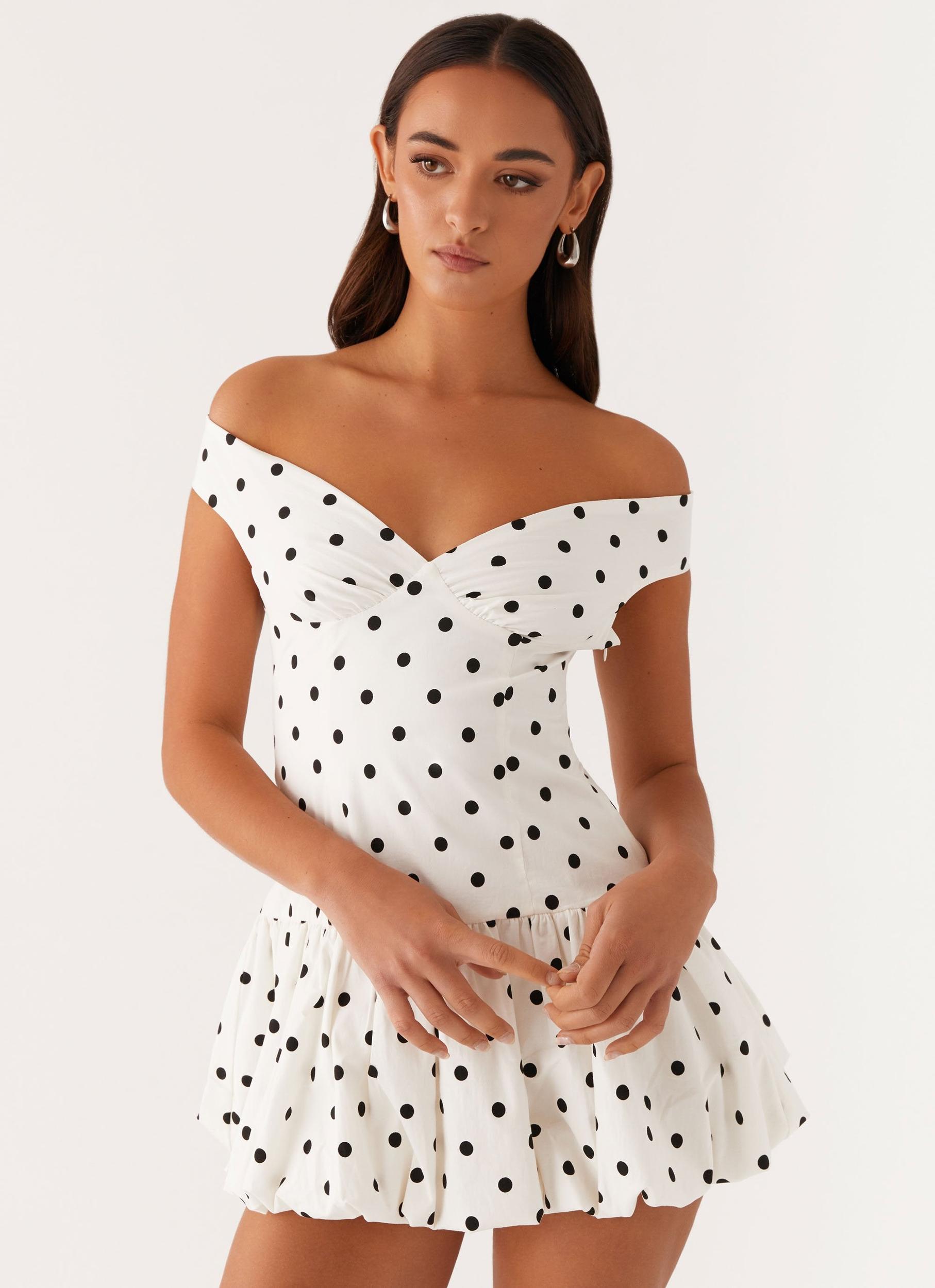 Endless Romance Off Shoulder Mini Dress - White Polka Dot Product Image